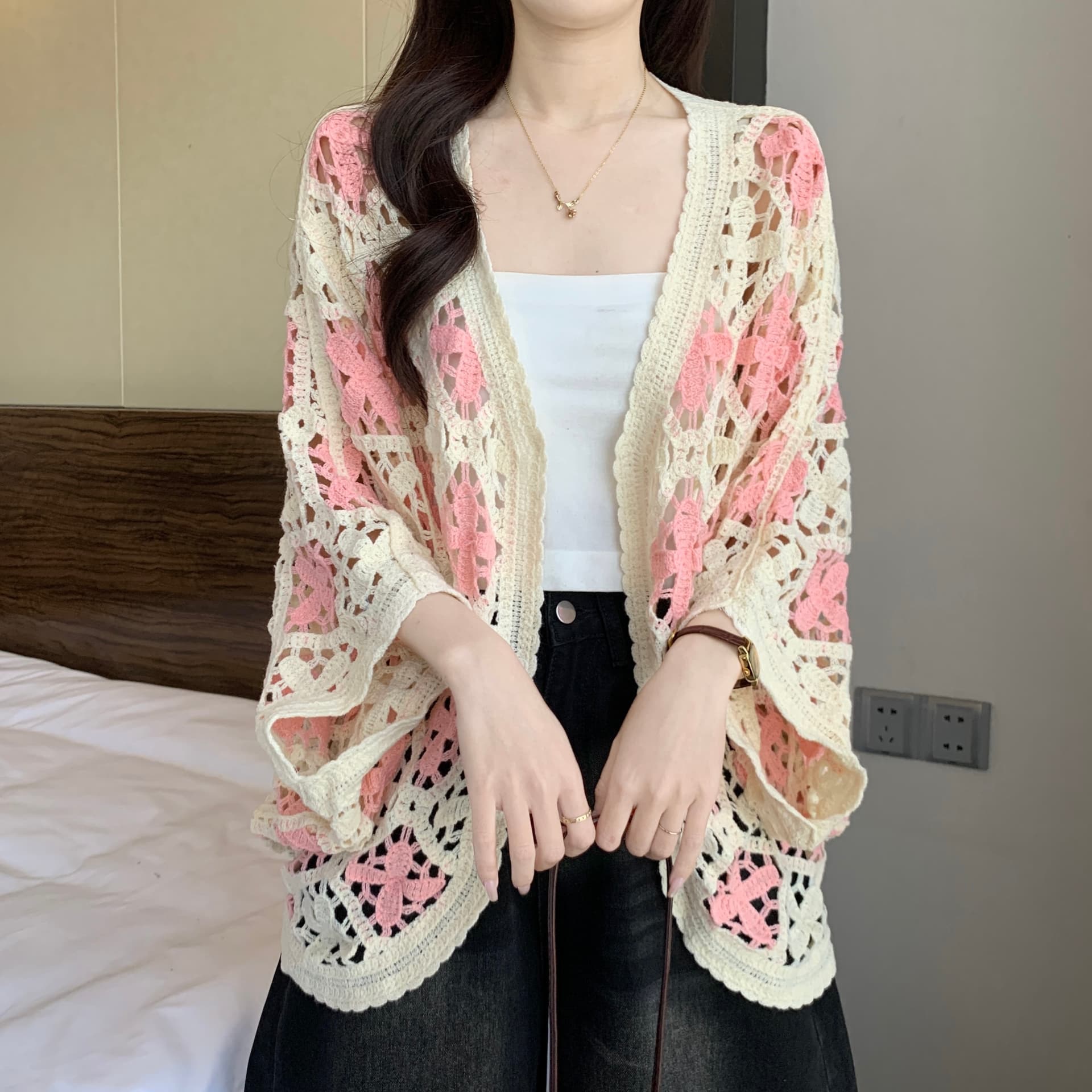 보헤미안 자수 홀로우 아웃 니트 열기 여성 봄 여름 새로운 지방 mm 루즈핏 슬림해 보이는 연령 감소 다용도 외부 잡아라. 의류 상세 이미지 9