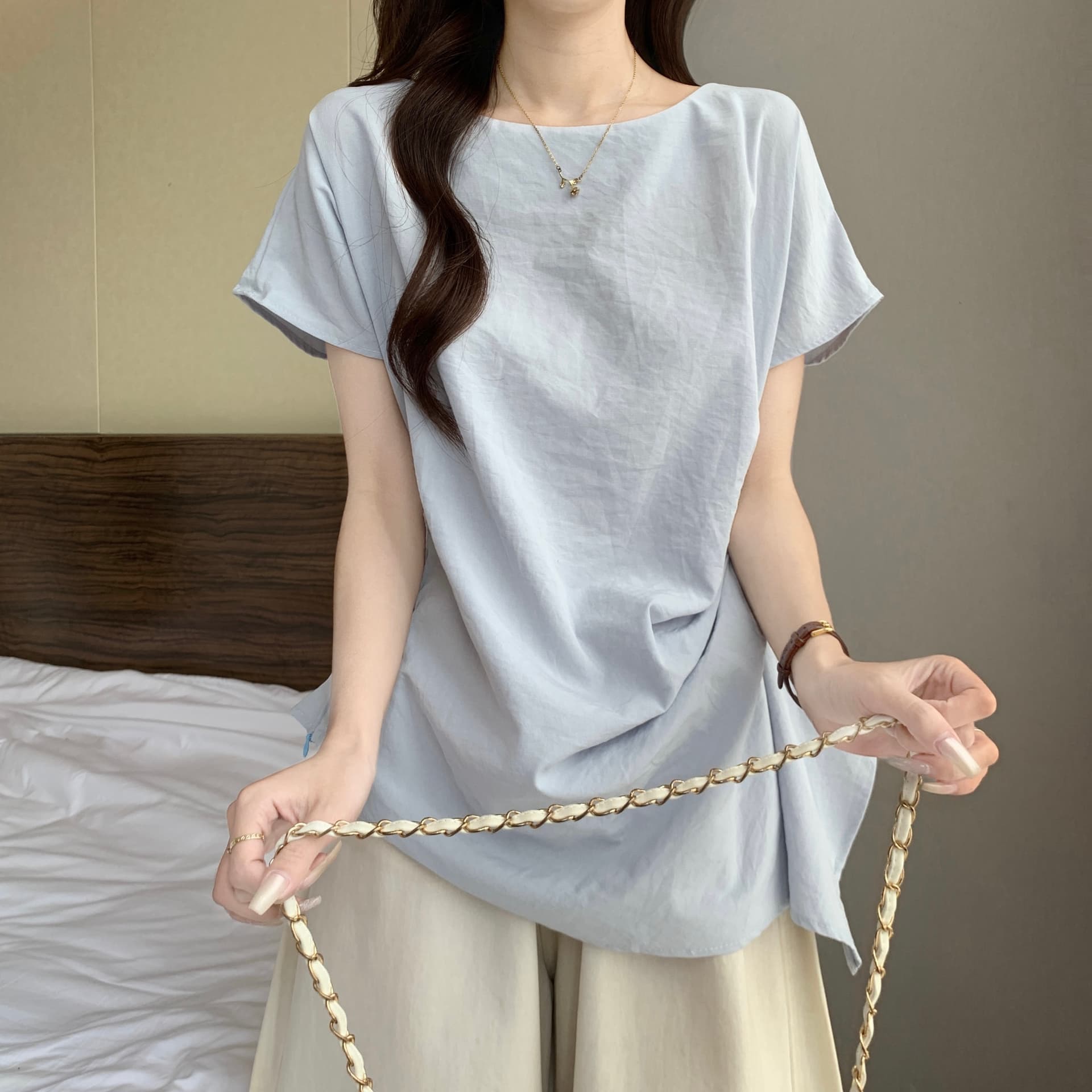 고급 센스 불규칙 긍정적 인 어깨 반팔 여성 셔츠 여름 새로운 지방 mm 품격 다용도 표지 배 슬림해 보이는 꼬집기 허리 위로 의류 상세 이미지 10