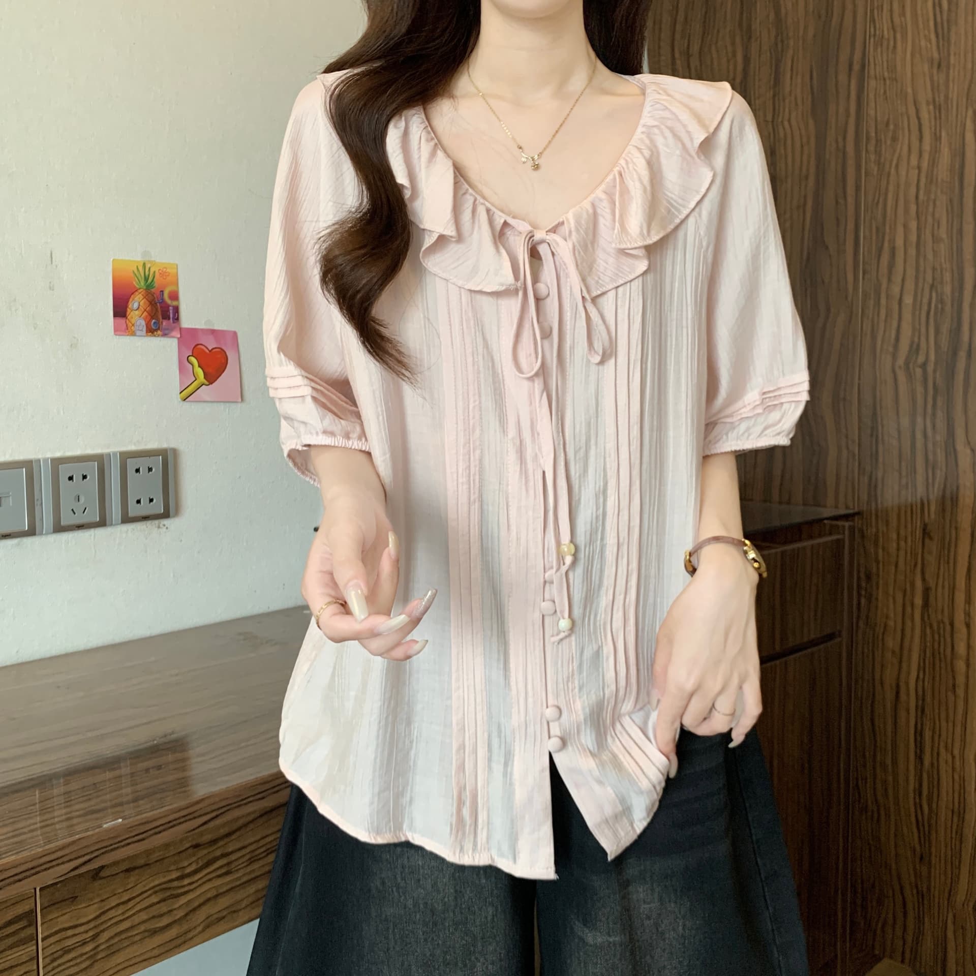 아름다운 연령 감소 프릴 벌룬 소매 여성 셔츠 여름 새로운 지방 mm 표지 배 슬림해 보이는 품격 다용도 인형 셔츠 상세 이미지 16