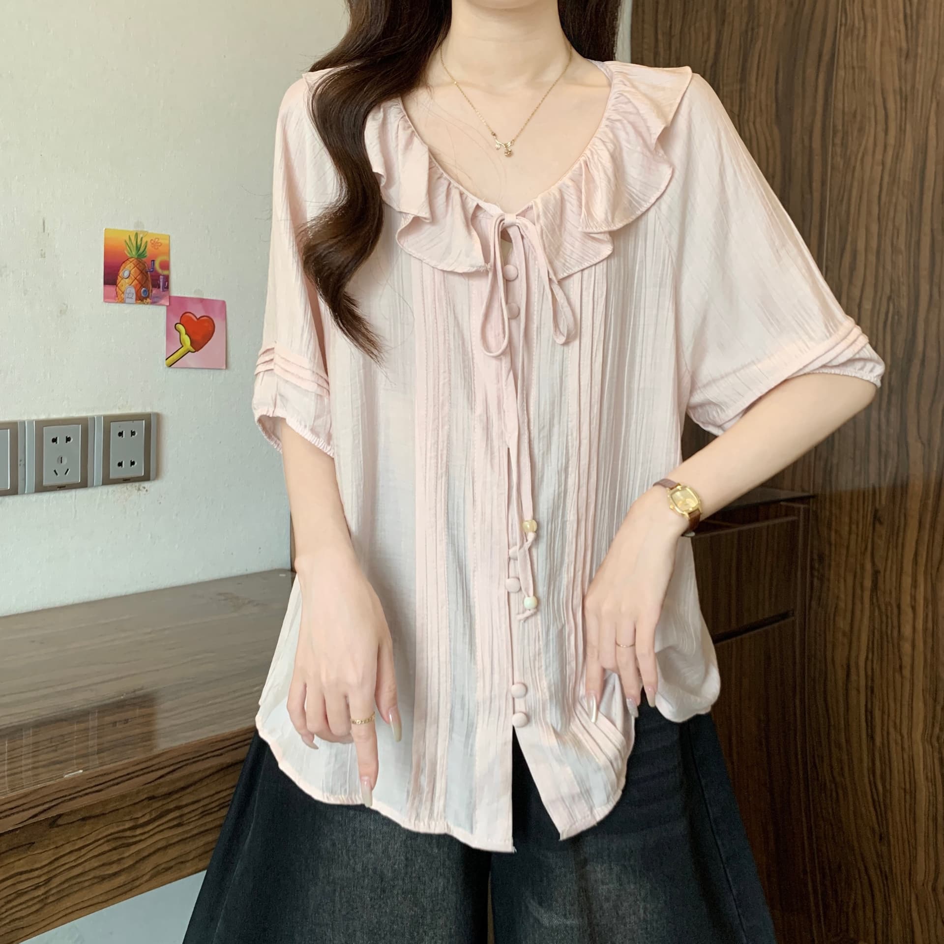아름다운 연령 감소 프릴 벌룬 소매 여성 셔츠 여름 새로운 지방 mm 표지 배 슬림해 보이는 품격 다용도 인형 셔츠 상세 이미지 17