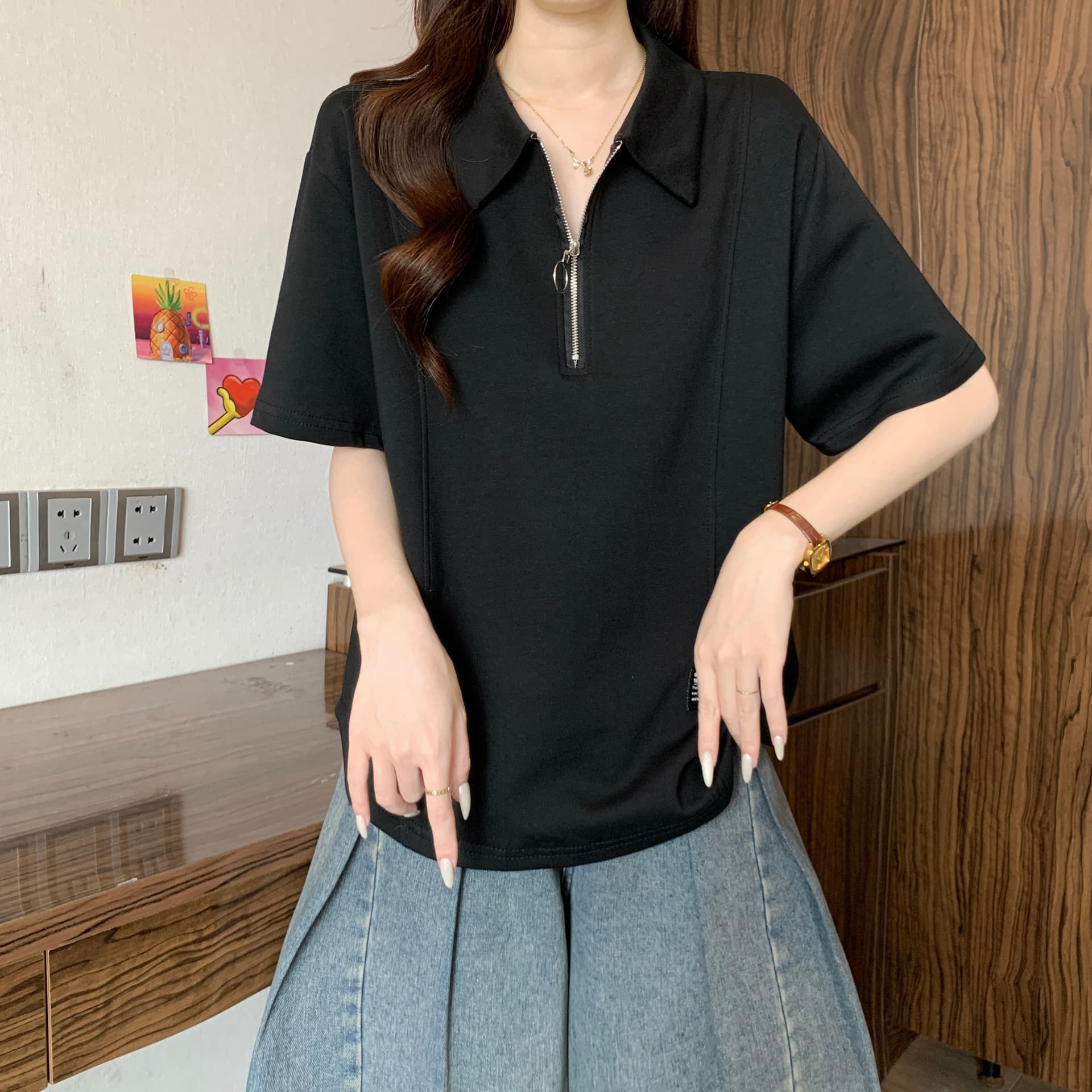디자인 센스 POLO 칼라 하프 지퍼 긍정적 인 어깨 반팔 티셔츠 여성 여름 새로운 지방 mm 패션 캐주얼 슬림해 보이는 다용도 의류 상세 이미지 14