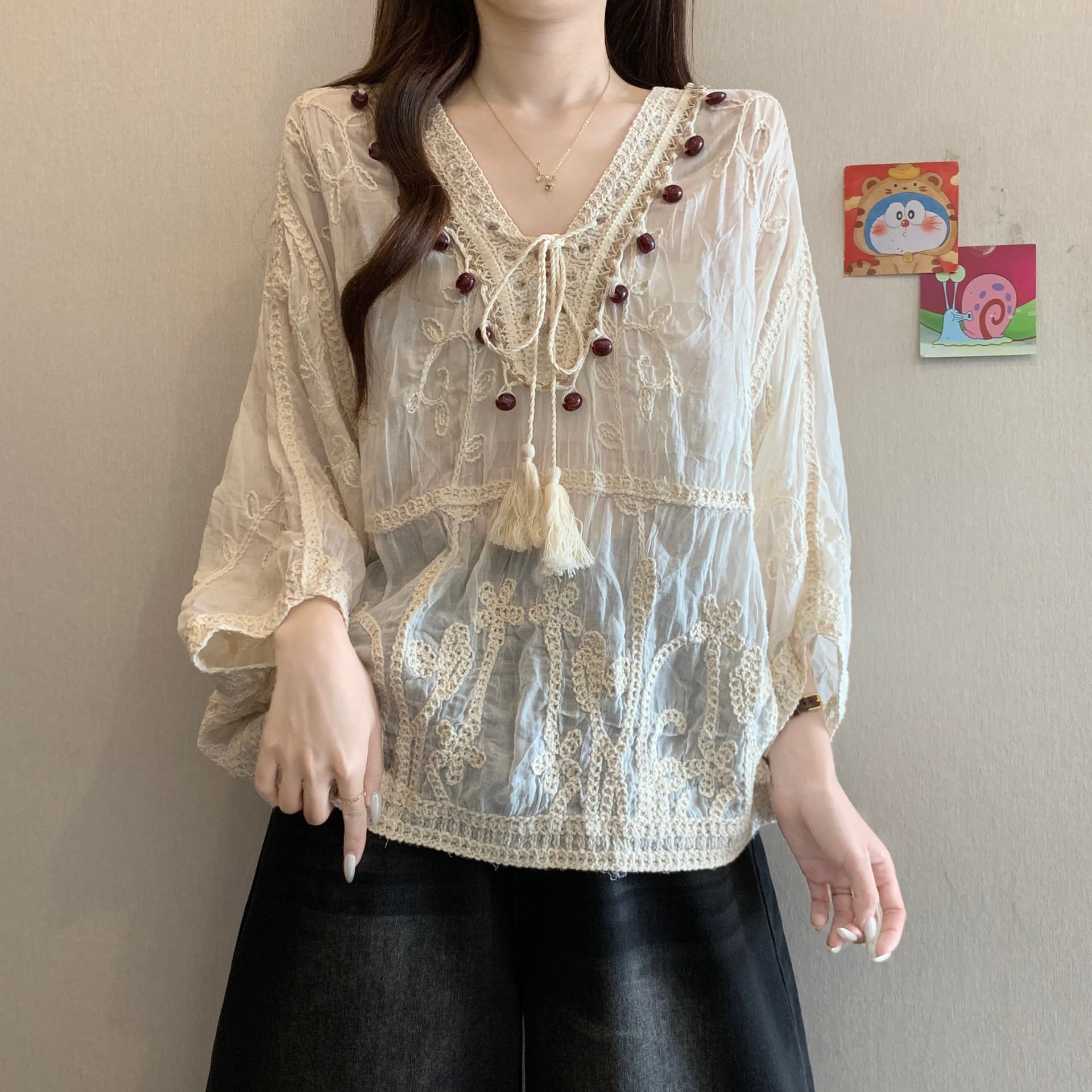 보헤미안 바람 자수 자수 레이스 블라우스 여성 여름 새로운 지방 mm 루즈핏 표지 배 연령 감소 슬림해 보이는 태양 보호 셔츠 이미지 3