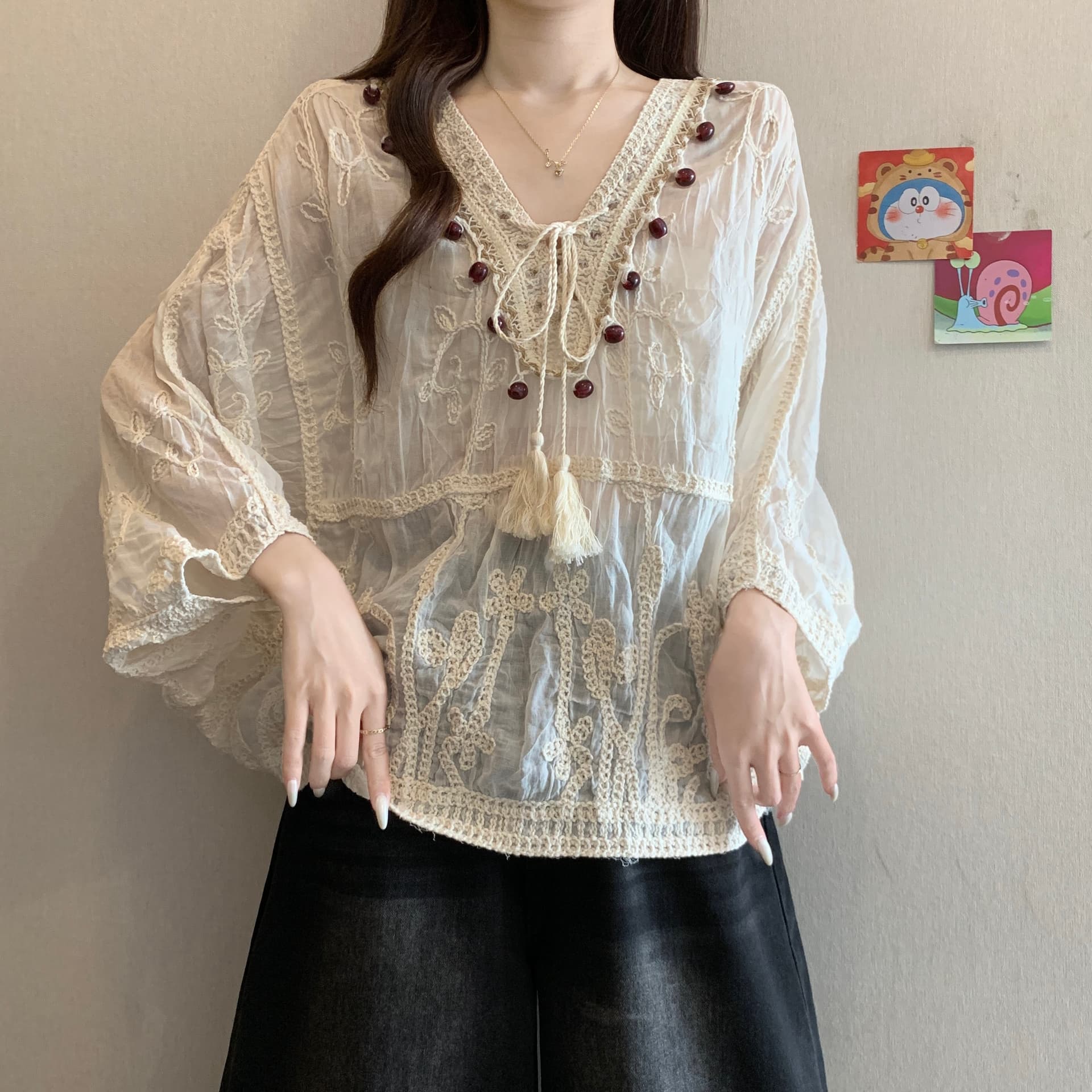보헤미안 바람 자수 자수 레이스 블라우스 여성 여름 새로운 지방 mm 루즈핏 표지 배 연령 감소 슬림해 보이는 태양 보호 셔츠 이미지 4