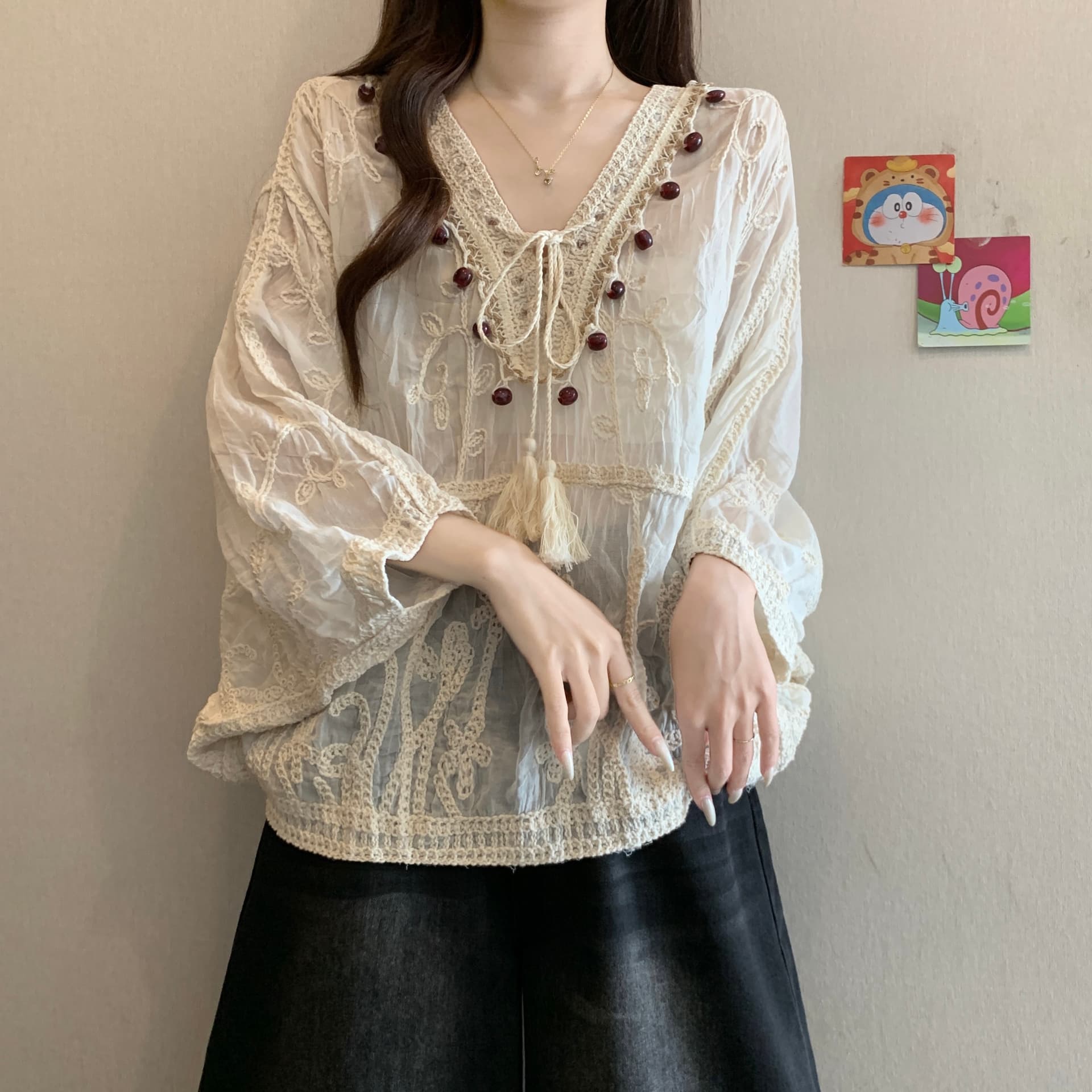 보헤미안 바람 자수 자수 레이스 블라우스 여성 여름 새로운 지방 mm 루즈핏 표지 배 연령 감소 슬림해 보이는 태양 보호 셔츠 이미지 5