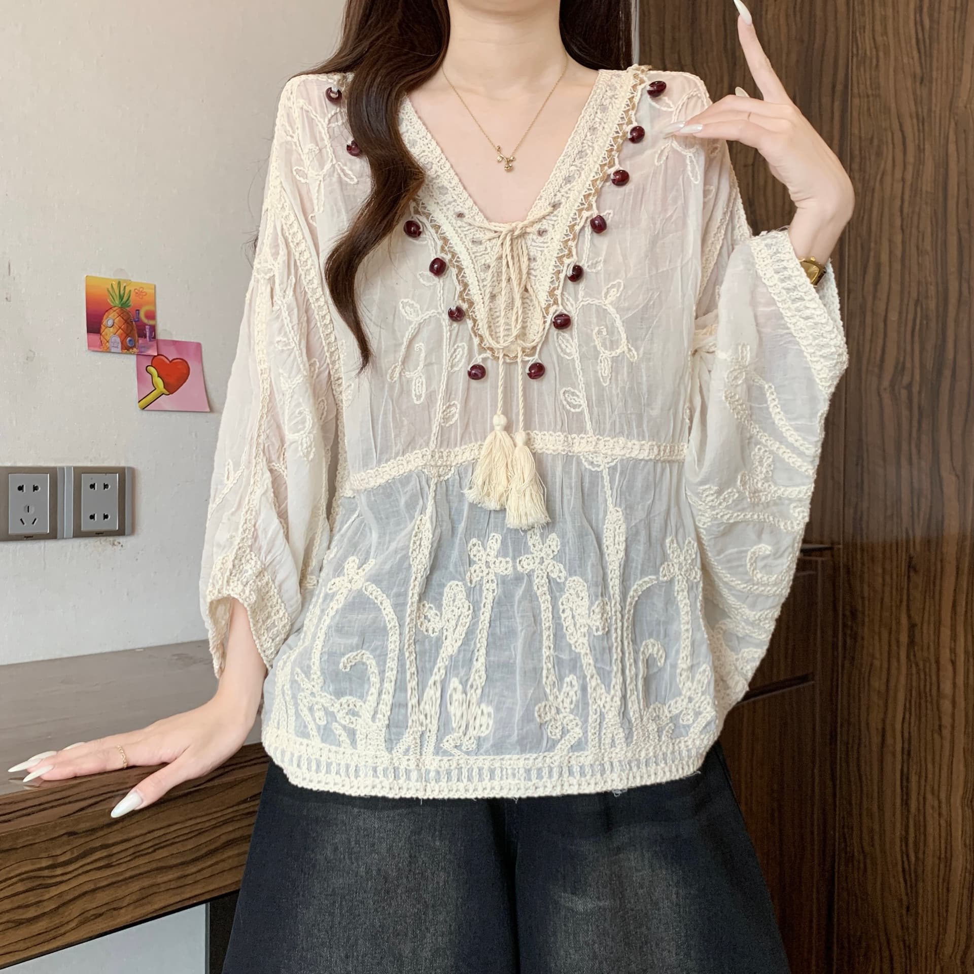 보헤미안 바람 자수 자수 레이스 블라우스 여성 여름 새로운 지방 mm 루즈핏 표지 배 연령 감소 슬림해 보이는 태양 보호 셔츠 이미지 6