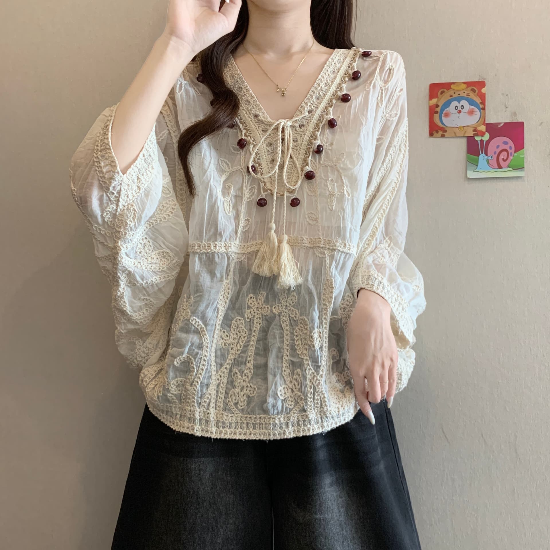 보헤미안 바람 자수 자수 레이스 블라우스 여성 여름 새로운 지방 mm 루즈핏 표지 배 연령 감소 슬림해 보이는 태양 보호 셔츠 상세 이미지 3