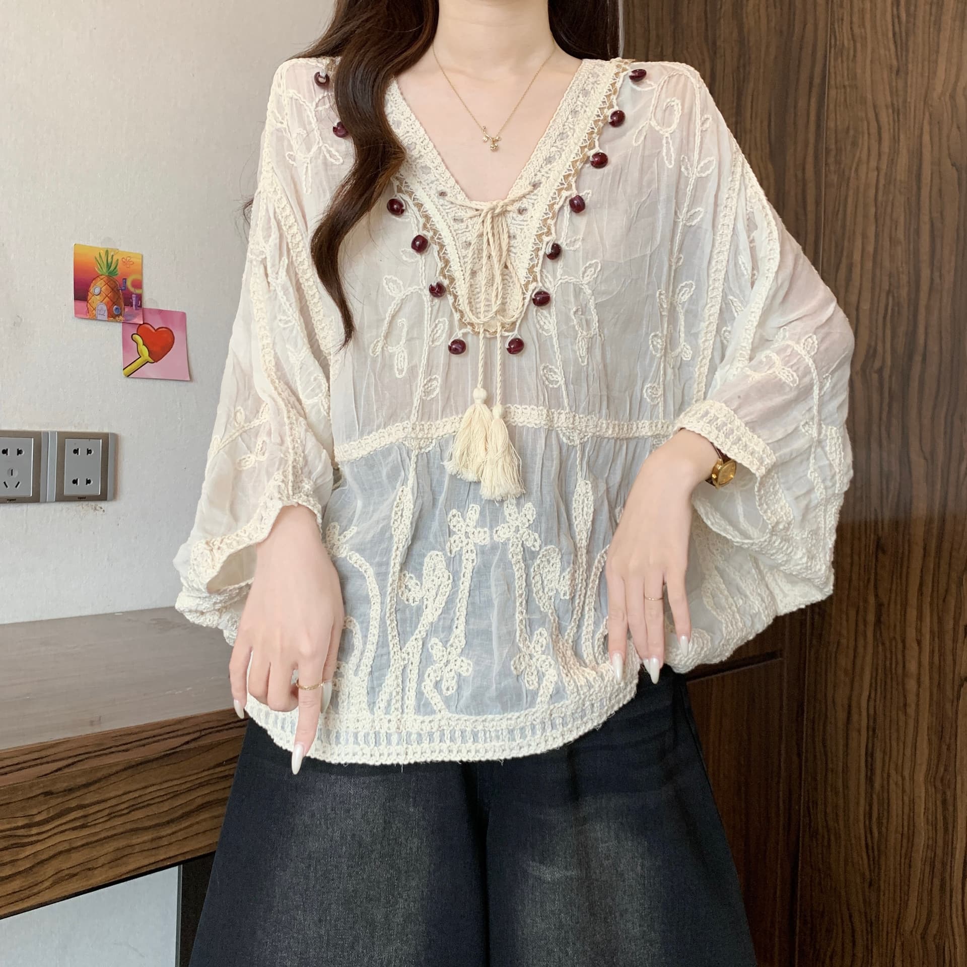 보헤미안 바람 자수 자수 레이스 블라우스 여성 여름 새로운 지방 mm 루즈핏 표지 배 연령 감소 슬림해 보이는 태양 보호 셔츠 상세 이미지 8