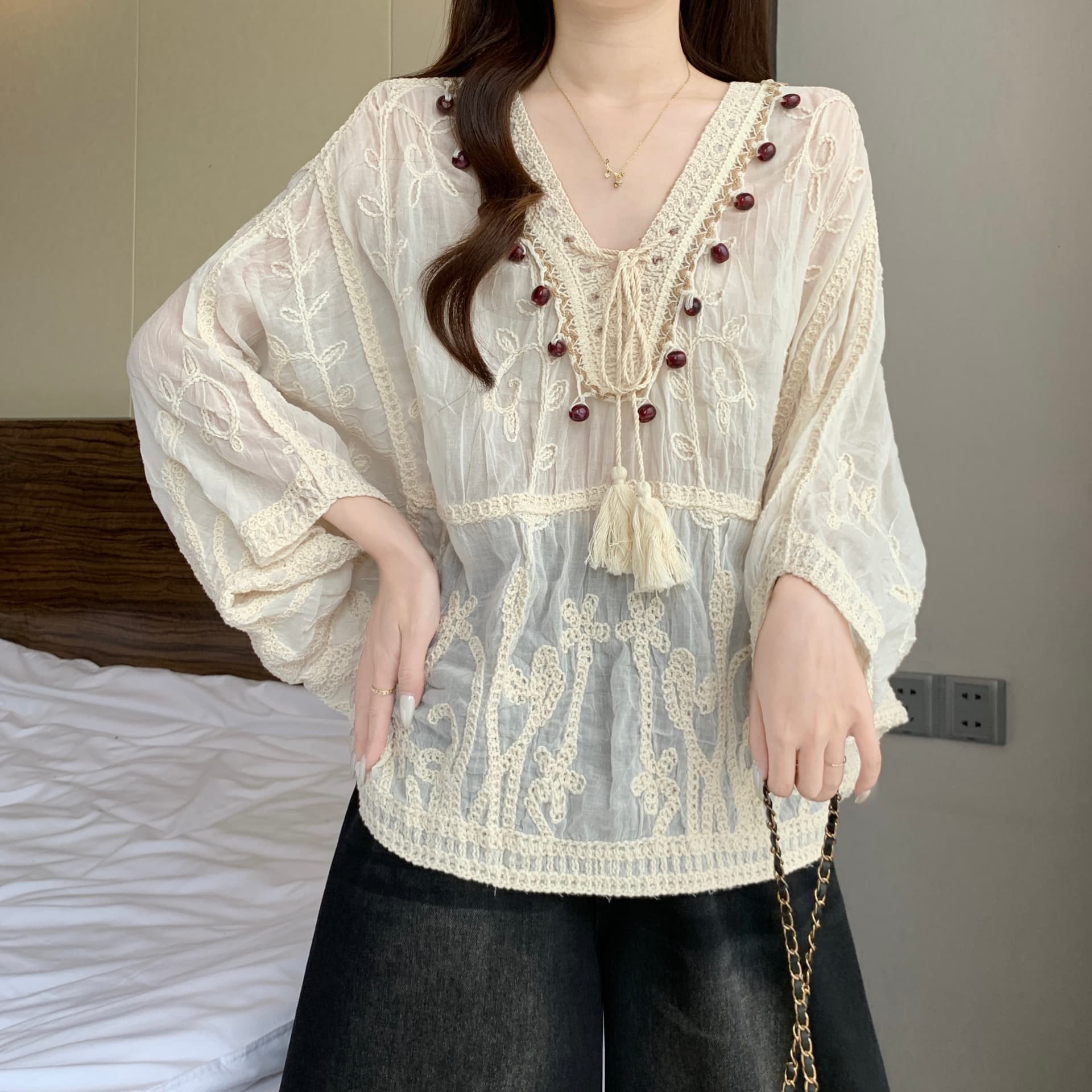보헤미안 바람 자수 자수 레이스 블라우스 여성 여름 새로운 지방 mm 루즈핏 표지 배 연령 감소 슬림해 보이는 태양 보호 셔츠 상세 이미지 11