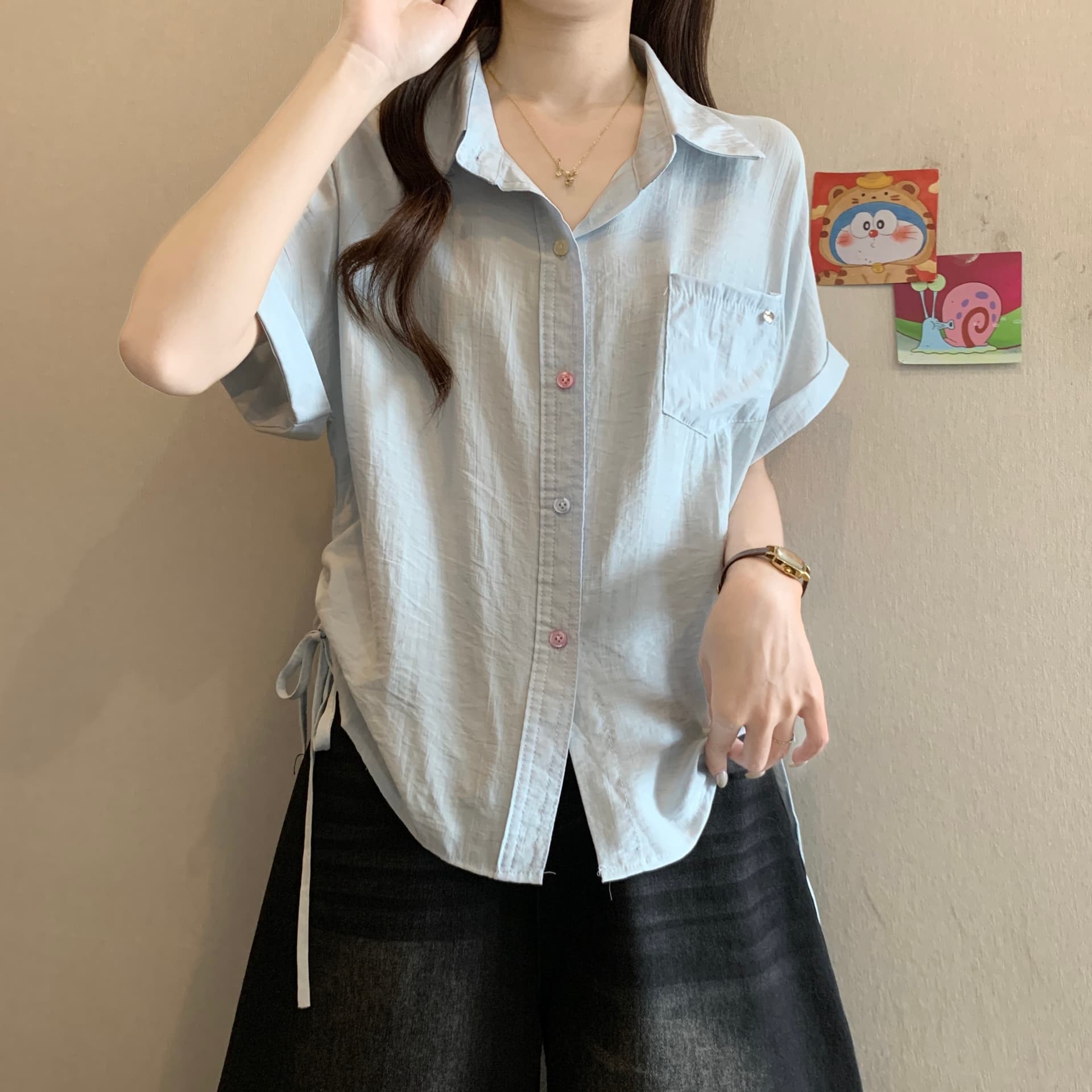 품격 POLO 칼라 색상 버클 긍정적 인 어깨 반팔 여성 셔츠 여름 새로운 지방 mm 디자인 센스 펌프 로프 허리 수축 슬림해 보이는 맨위 상세 이미지 7