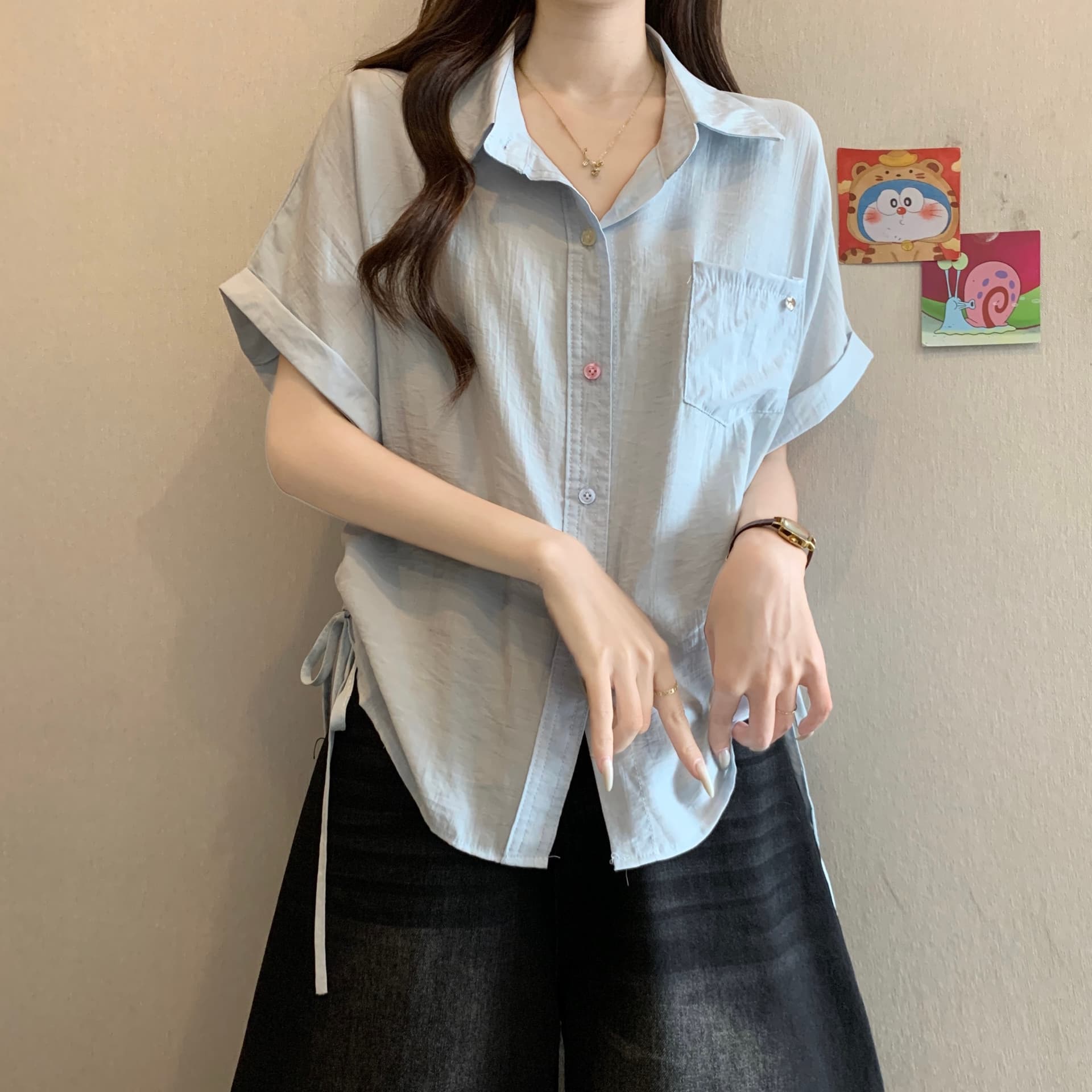 품격 POLO 칼라 색상 버클 긍정적 인 어깨 반팔 여성 셔츠 여름 새로운 지방 mm 디자인 센스 펌프 로프 허리 수축 슬림해 보이는 맨위 상세 이미지 8