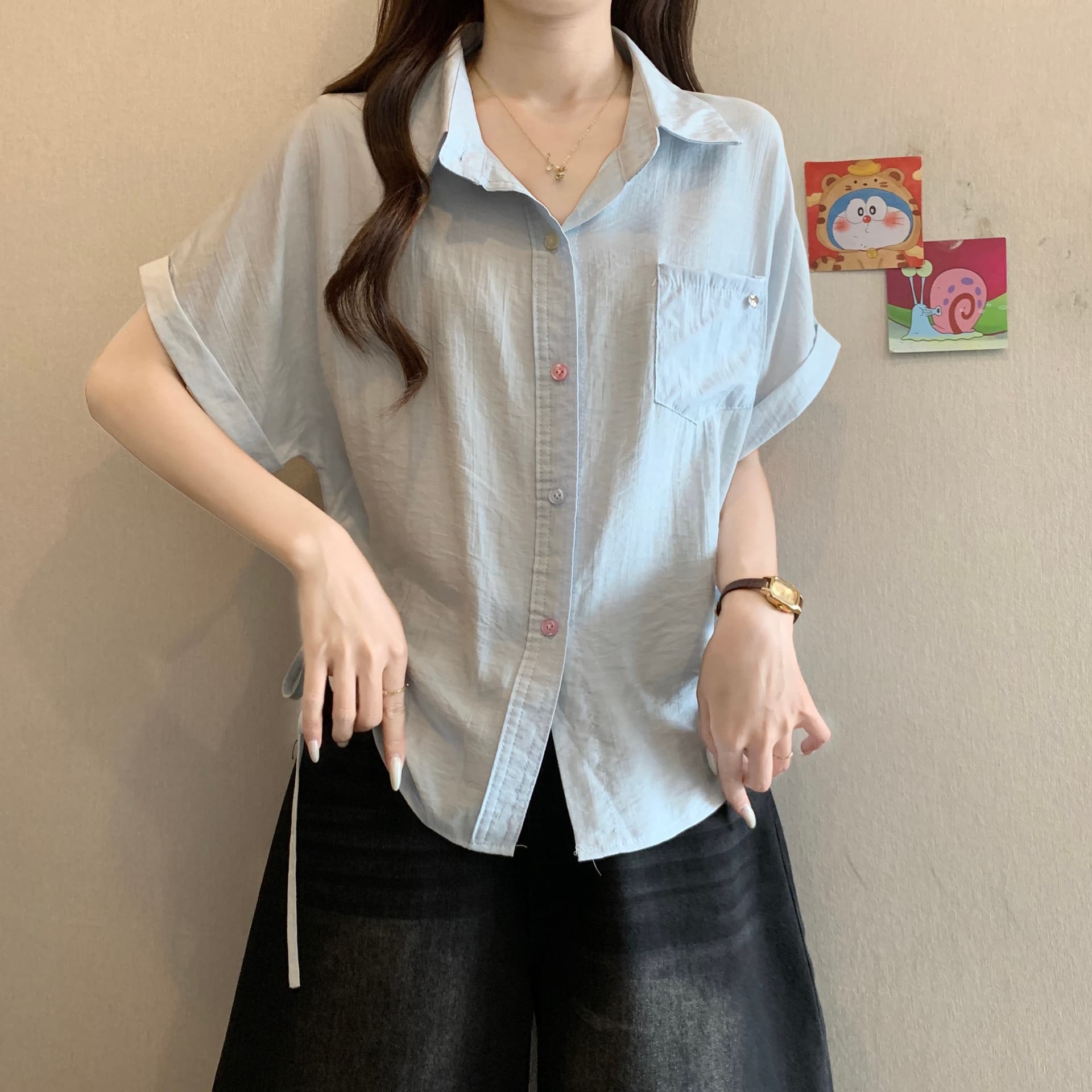 품격 POLO 칼라 색상 버클 긍정적 인 어깨 반팔 여성 셔츠 여름 새로운 지방 mm 디자인 센스 펌프 로프 허리 수축 슬림해 보이는 맨위 상세 이미지 9