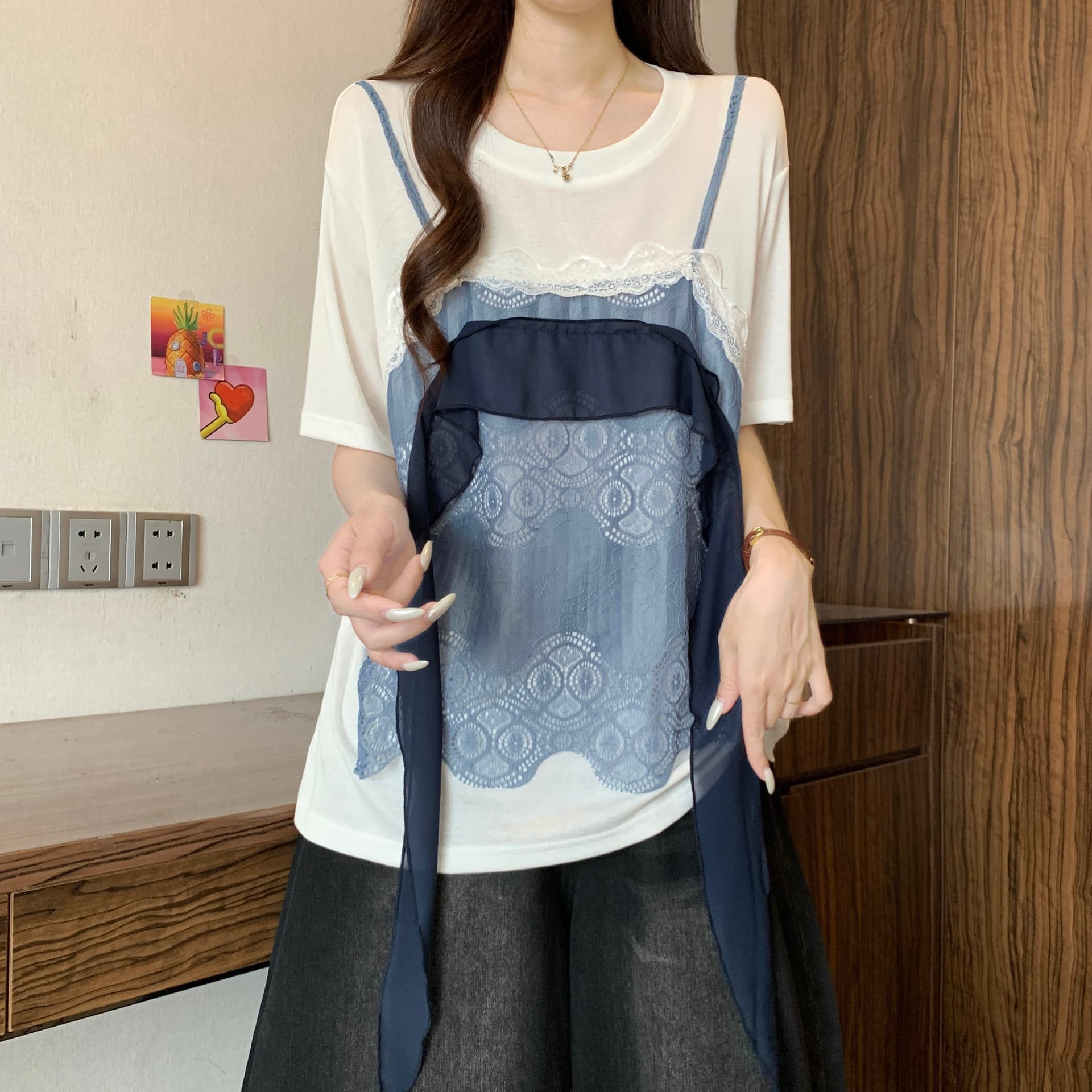 레이스 조각 페이크 레이어드 긍정적 인 어깨 반팔 티셔츠 여성 여름 새로운 지방 mm 패션 다용도 연령 감소 다용도 맨위 상세 이미지 6