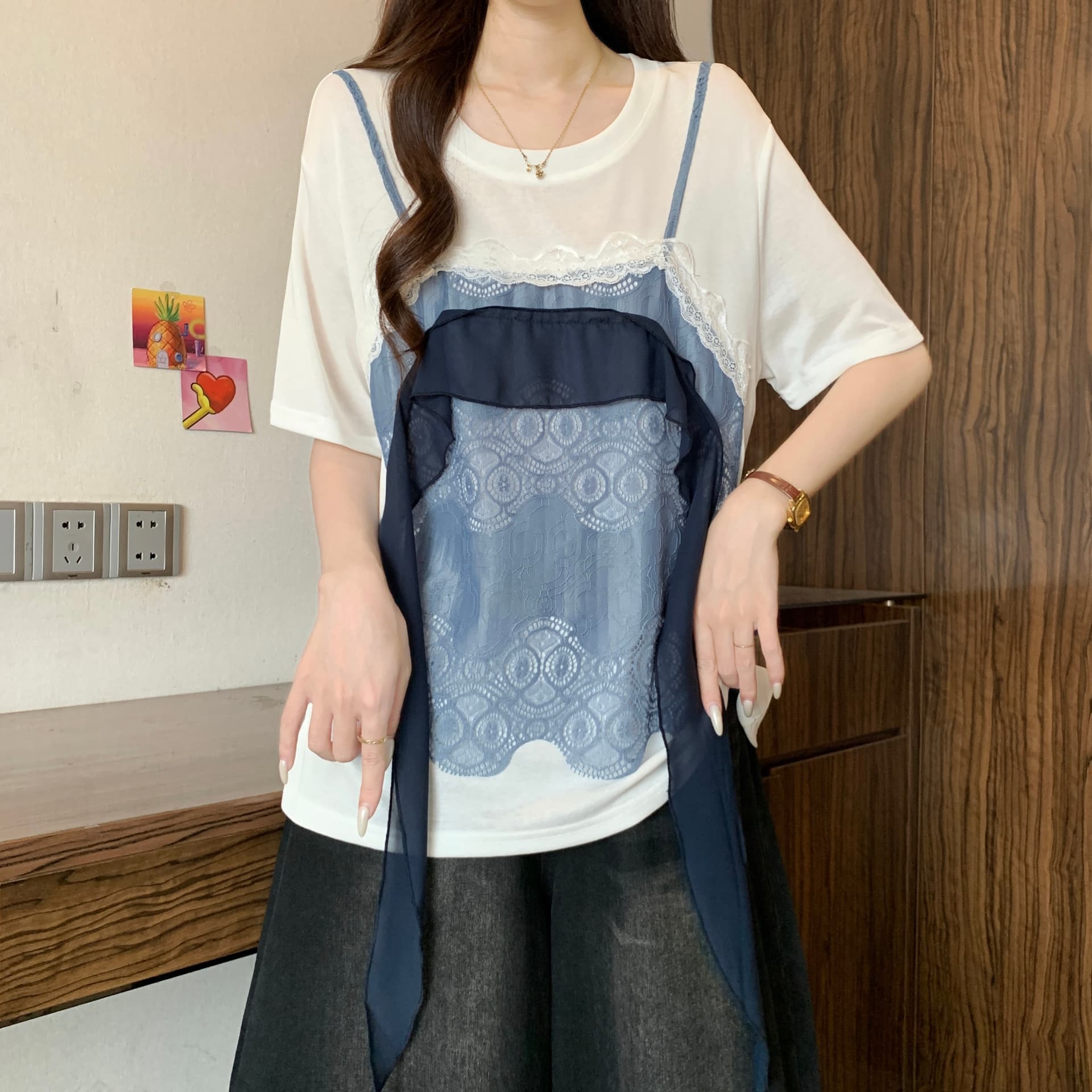 레이스 조각 페이크 레이어드 긍정적 인 어깨 반팔 티셔츠 여성 여름 새로운 지방 mm 패션 다용도 연령 감소 다용도 맨위 상세 이미지 8