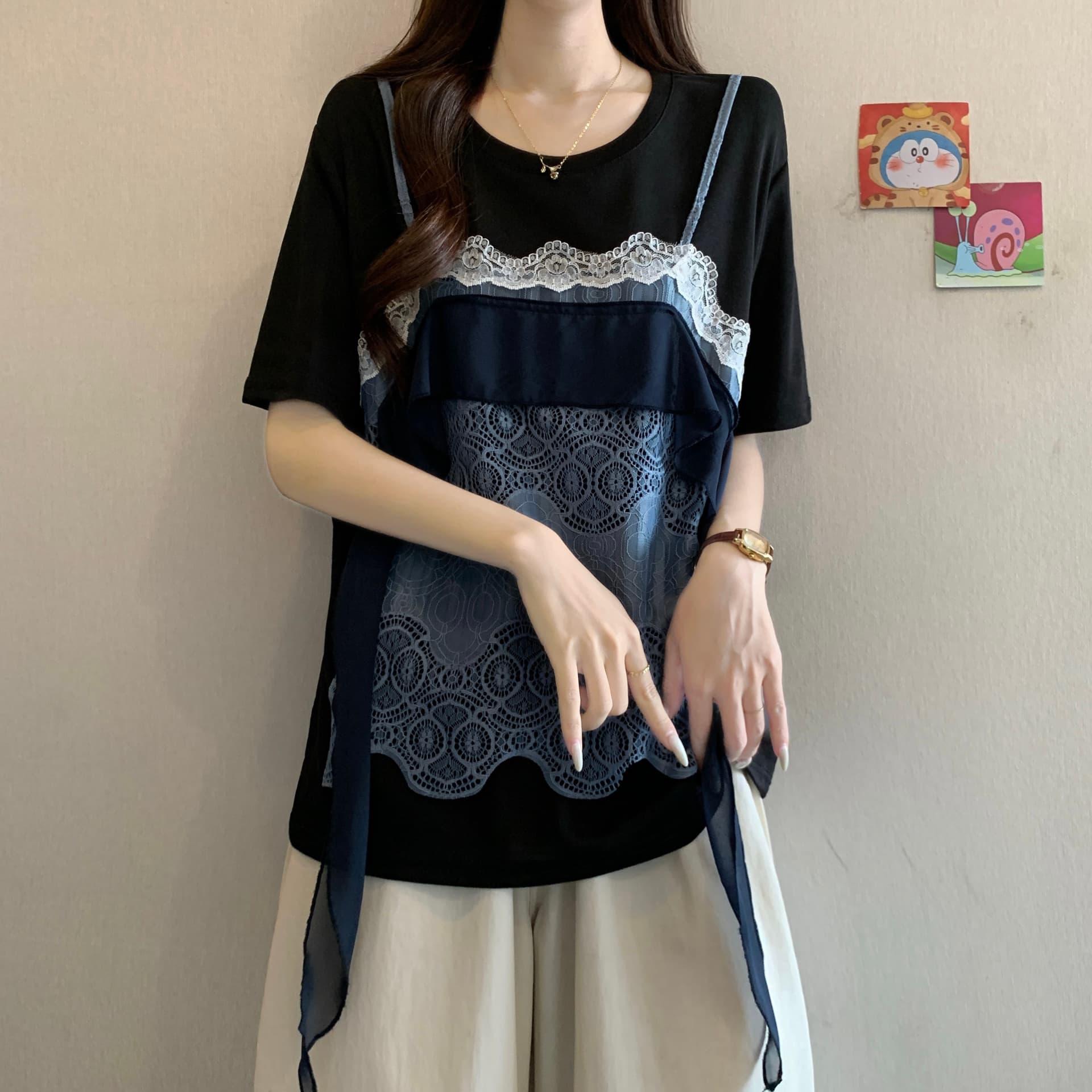 레이스 조각 페이크 레이어드 긍정적 인 어깨 반팔 티셔츠 여성 여름 새로운 지방 mm 패션 다용도 연령 감소 다용도 맨위 상세 이미지 11