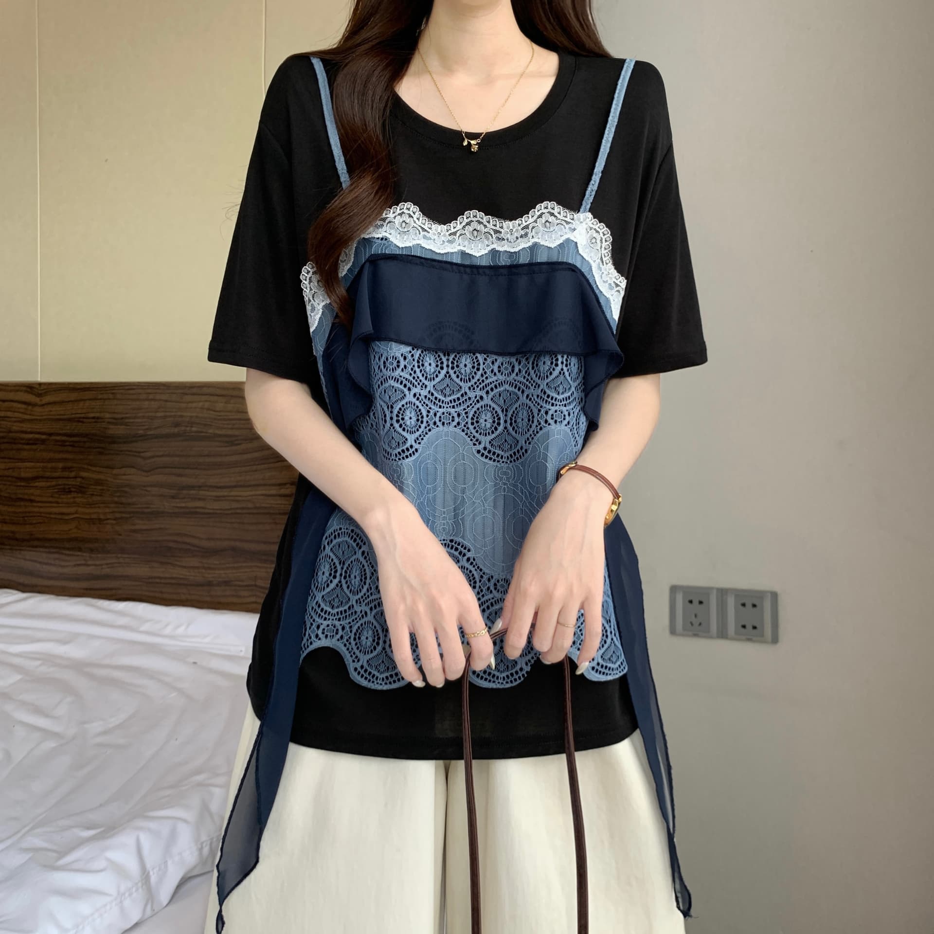 레이스 조각 페이크 레이어드 긍정적 인 어깨 반팔 티셔츠 여성 여름 새로운 지방 mm 패션 다용도 연령 감소 다용도 맨위 상세 이미지 15