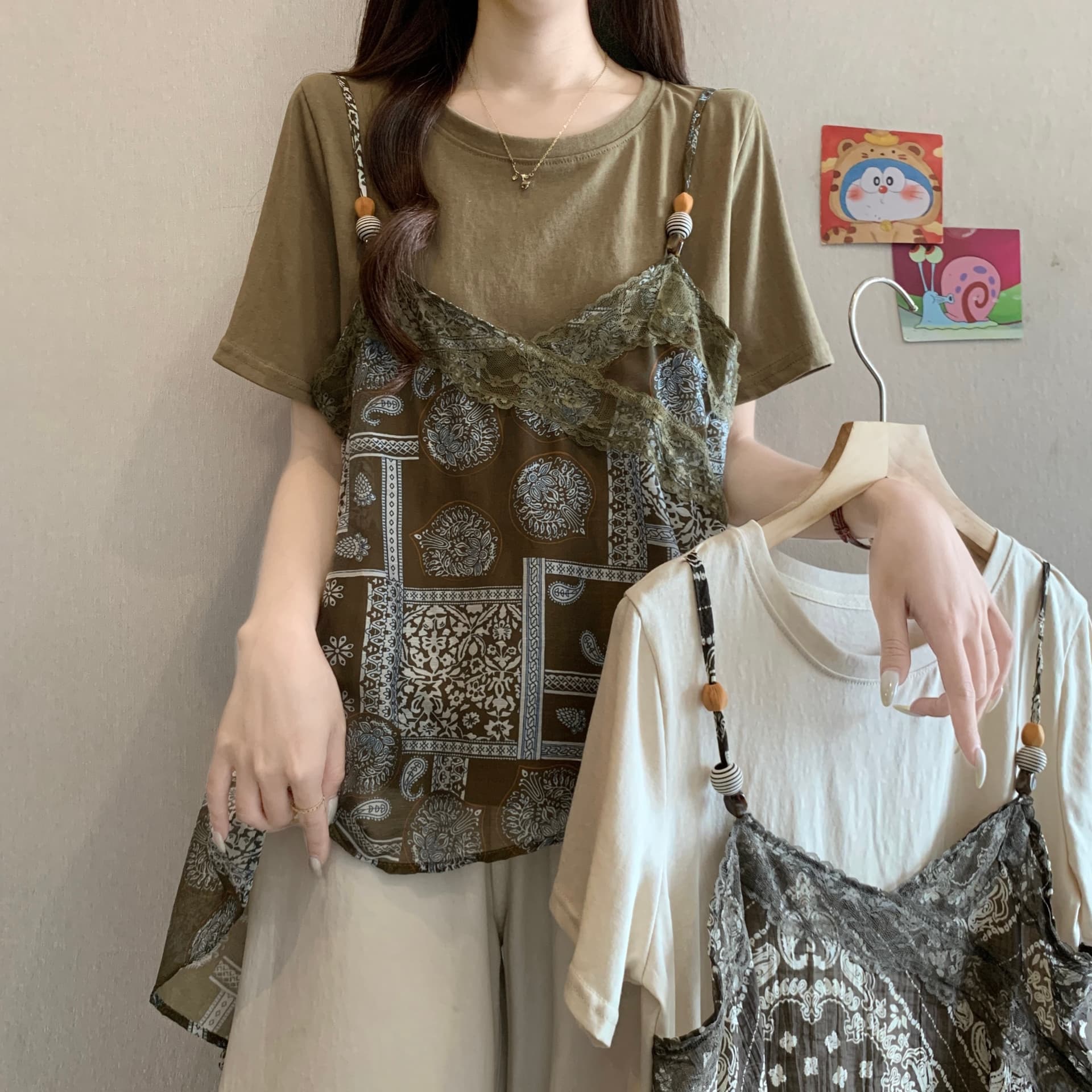 무거운 작업 레이스 조각 페이크 레이어드 긍정적 인 어깨 반팔 티셔츠 여성 여름 새로운 지방 mm 불규칙 슬림해 보이는 고유 한 맨위 상세 이미지 2