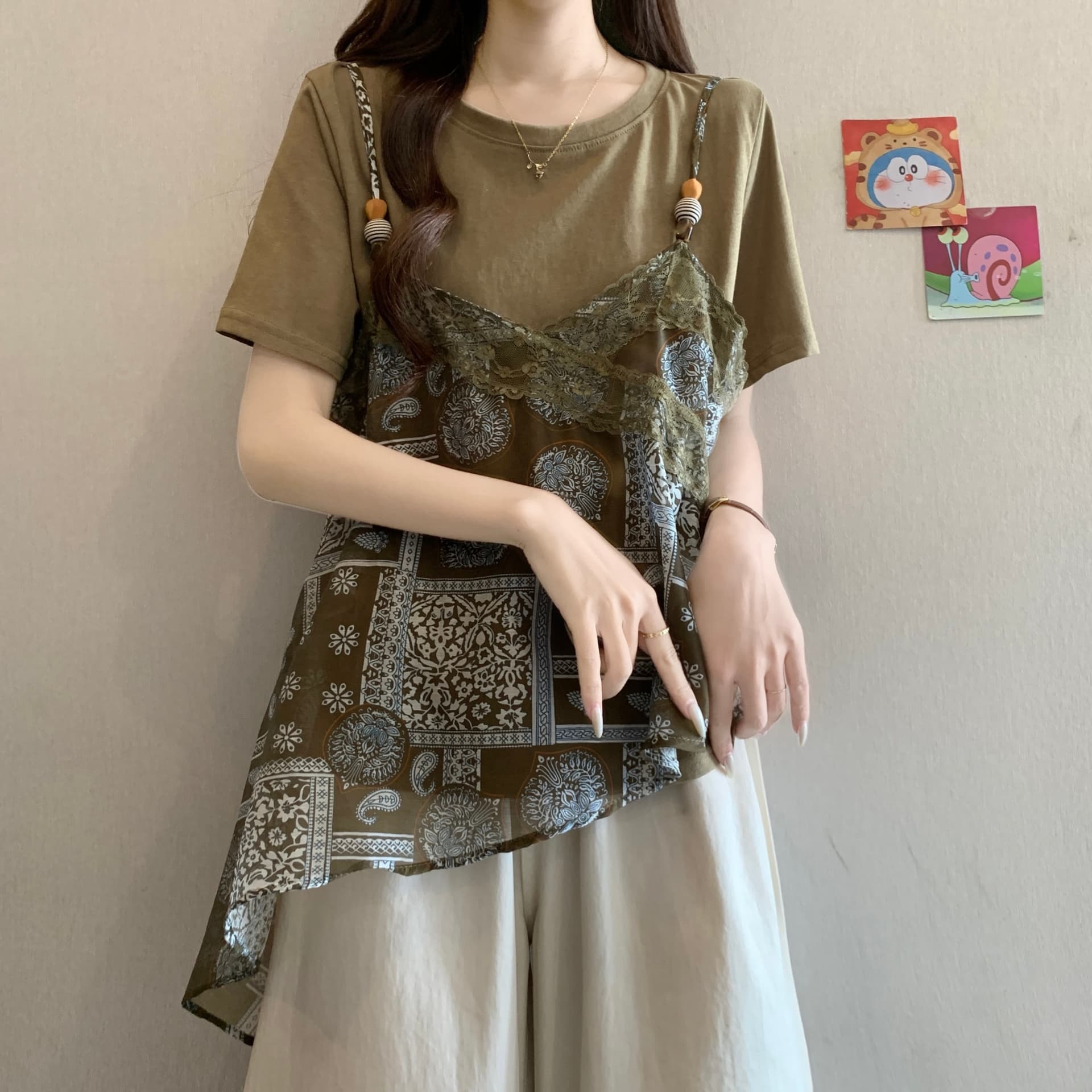 무거운 작업 레이스 조각 페이크 레이어드 긍정적 인 어깨 반팔 티셔츠 여성 여름 새로운 지방 mm 불규칙 슬림해 보이는 고유 한 맨위 상세 이미지 5