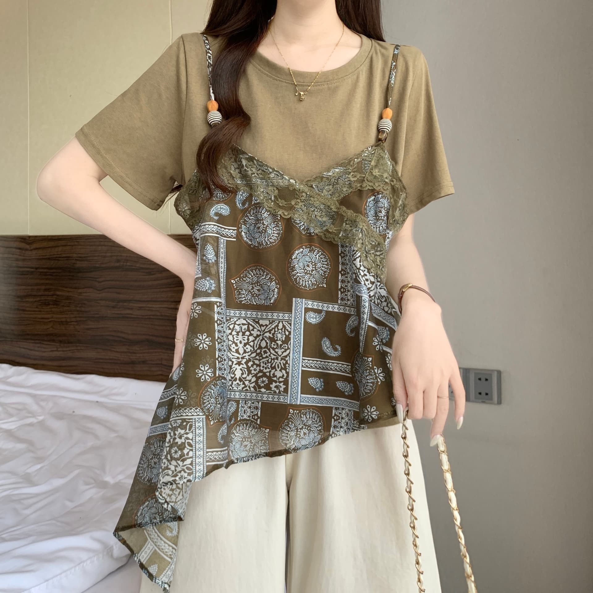 무거운 작업 레이스 조각 페이크 레이어드 긍정적 인 어깨 반팔 티셔츠 여성 여름 새로운 지방 mm 불규칙 슬림해 보이는 고유 한 맨위 상세 이미지 11
