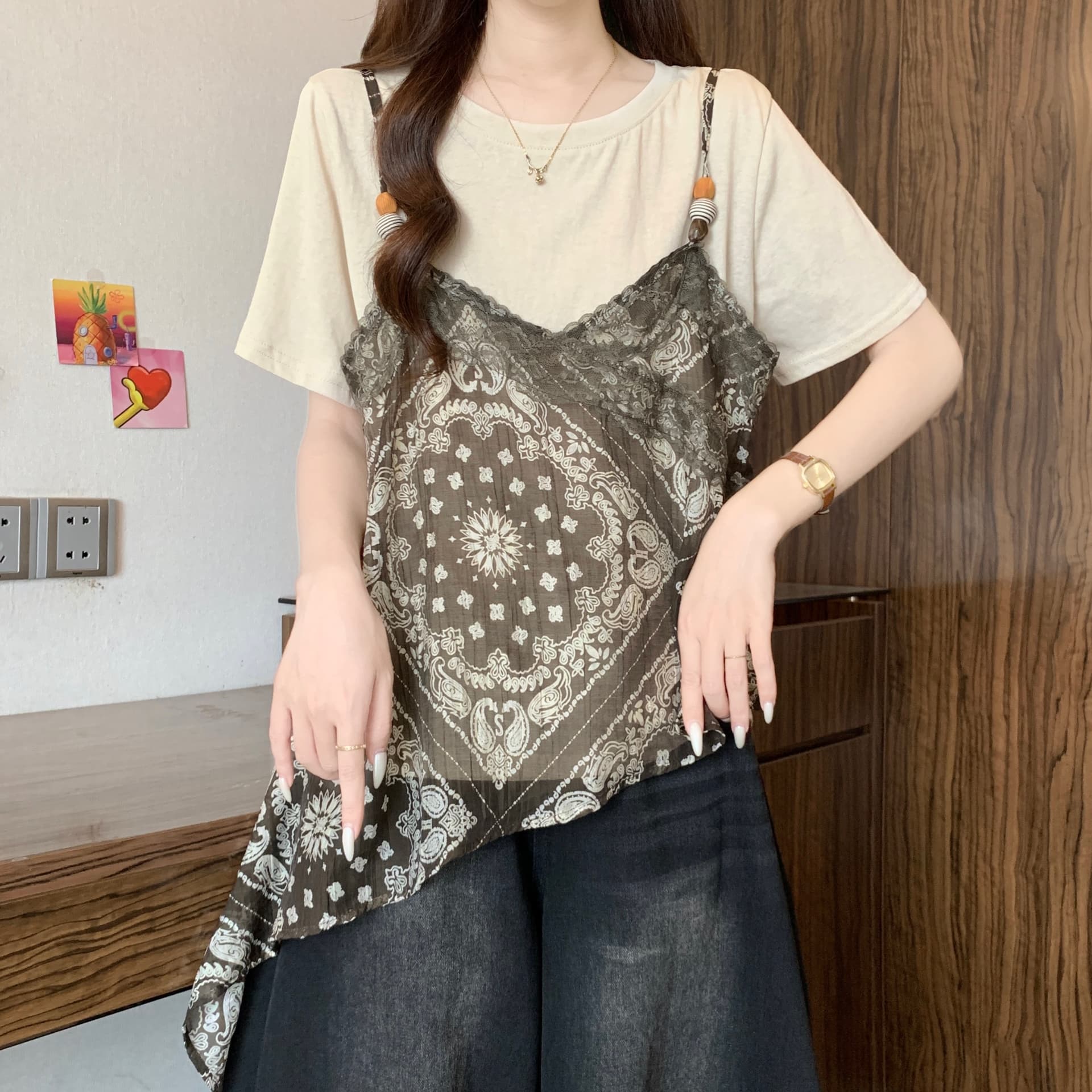 무거운 작업 레이스 조각 페이크 레이어드 긍정적 인 어깨 반팔 티셔츠 여성 여름 새로운 지방 mm 불규칙 슬림해 보이는 고유 한 맨위 상세 이미지 17