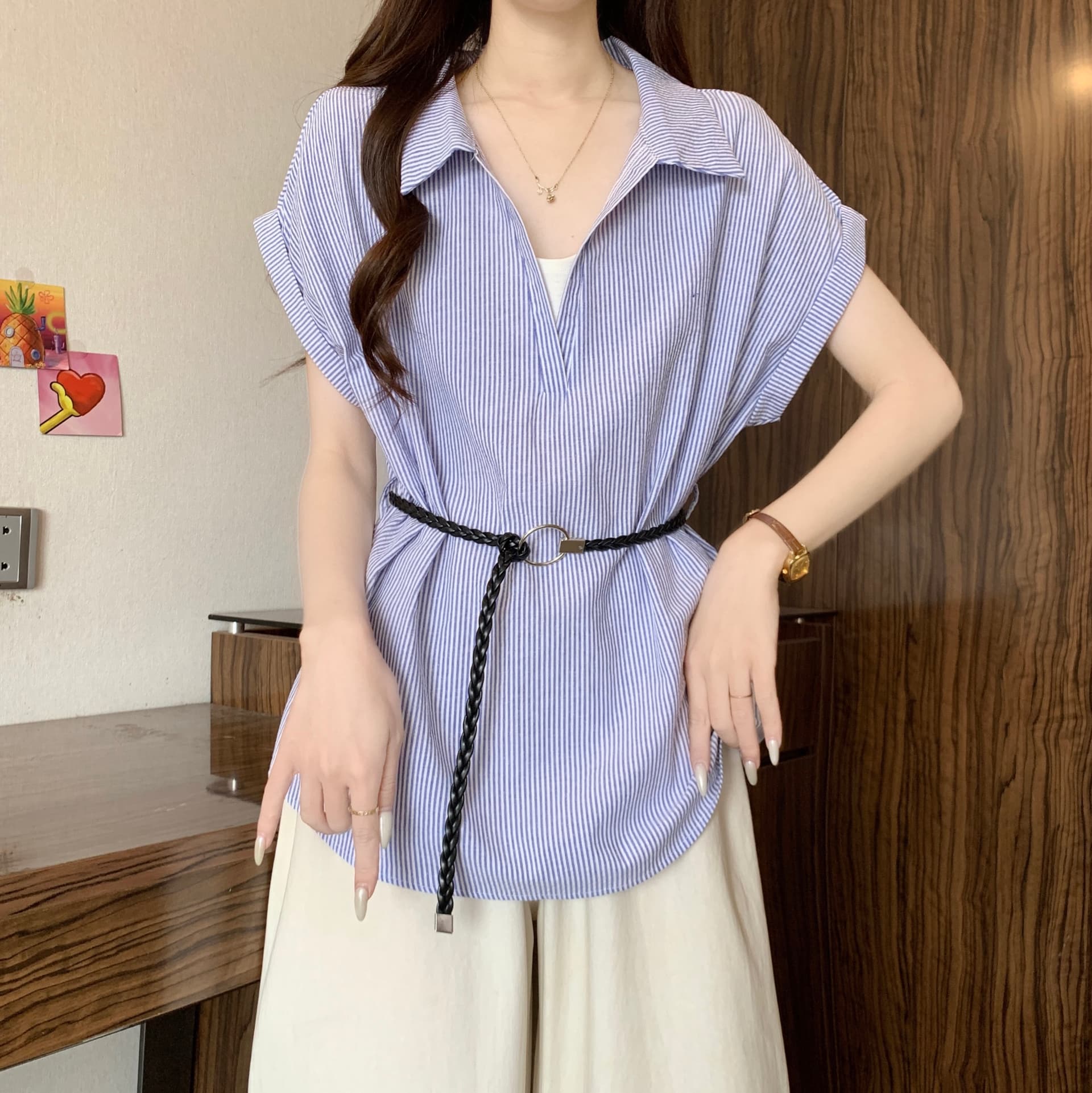 페이크 레이어드 스트라이프 POLO 칼라 긍정적 인 어깨 반팔 여성 셔츠 여름 새로운 지방 mm 허리 수축 슬림해 보이는 품격 다용도 맨위 상세 이미지 8