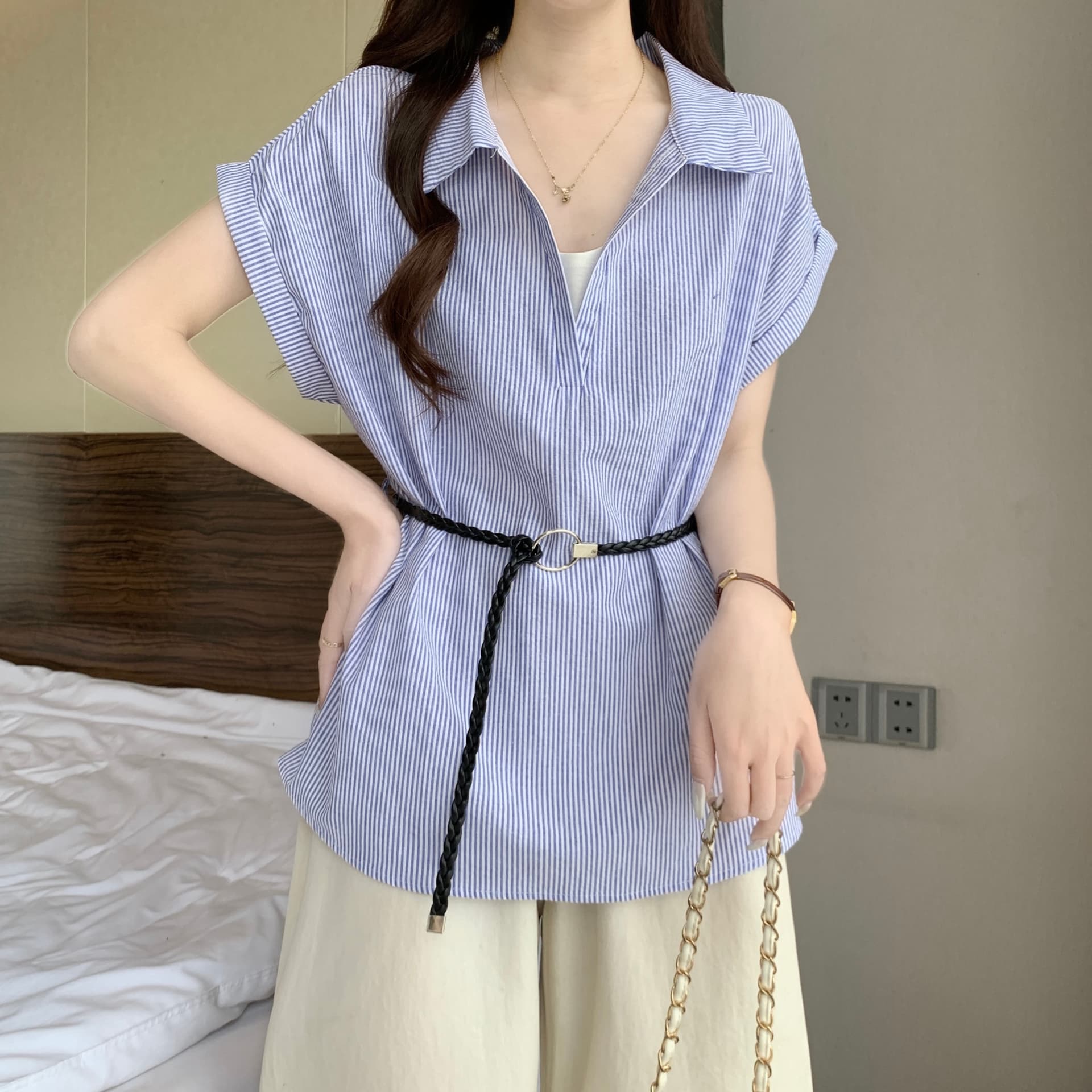 페이크 레이어드 스트라이프 POLO 칼라 긍정적 인 어깨 반팔 여성 셔츠 여름 새로운 지방 mm 허리 수축 슬림해 보이는 품격 다용도 맨위 상세 이미지 11