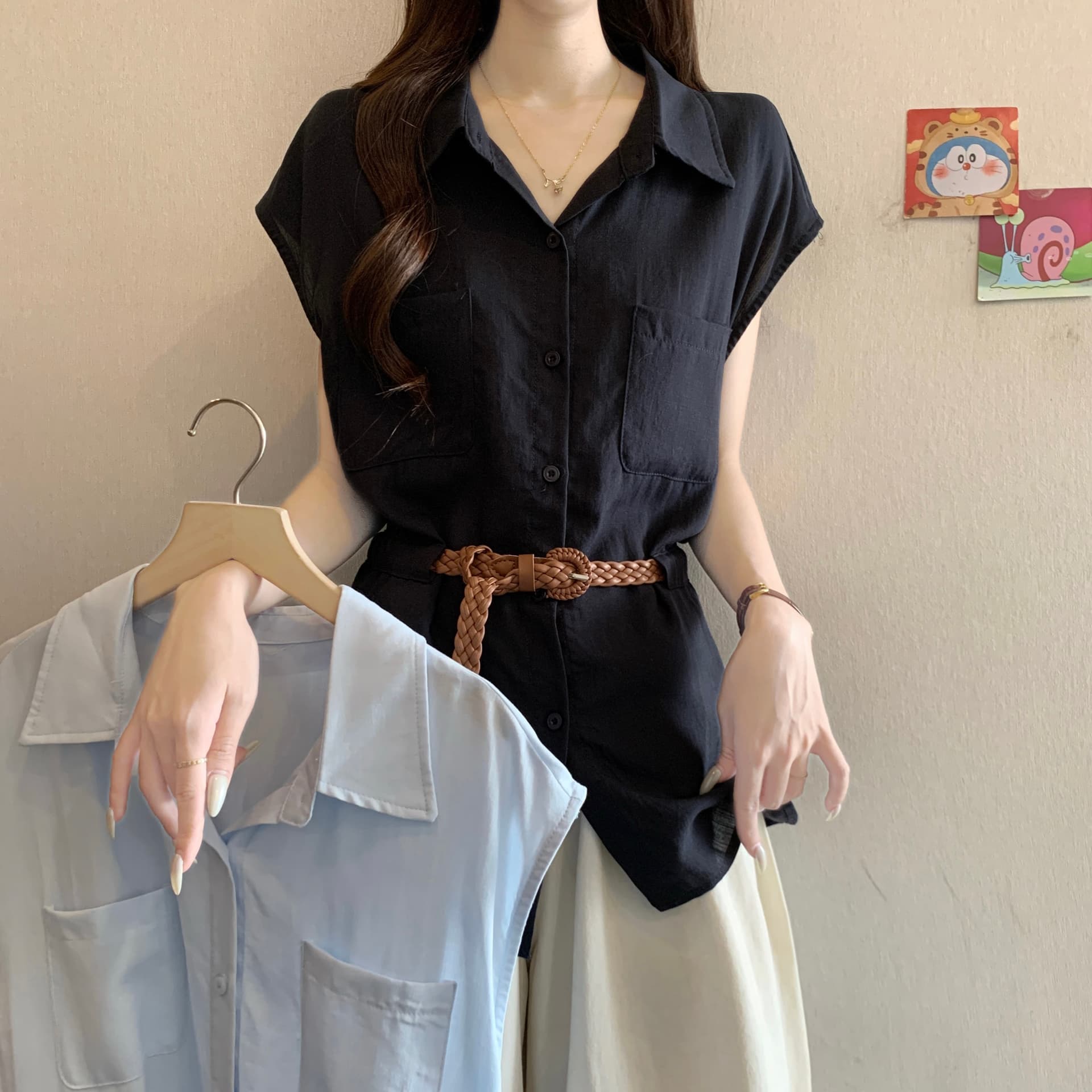 고급 센스 POLO 칼라 긍정적 인 어깨 반팔 여성 셔츠 여름 새로운 지방 mm 품격 벨트 슬림해 보이는 연령 감소 Chic 맨위 이미지 2