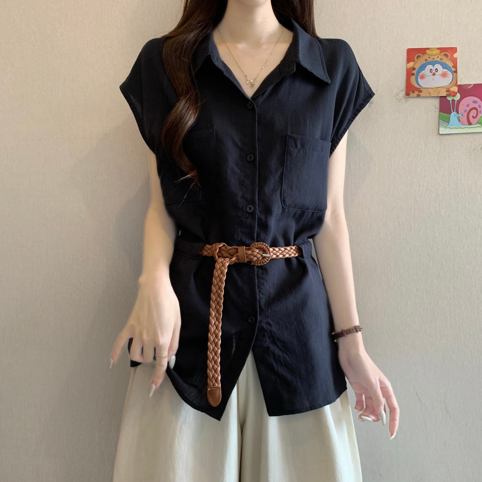 고급 센스 POLO 칼라 긍정적 인 어깨 반팔 여성 셔츠 여름 새로운 지방 mm 품격 벨트 슬림해 보이는 연령 감소 Chic 맨위 이미지 3