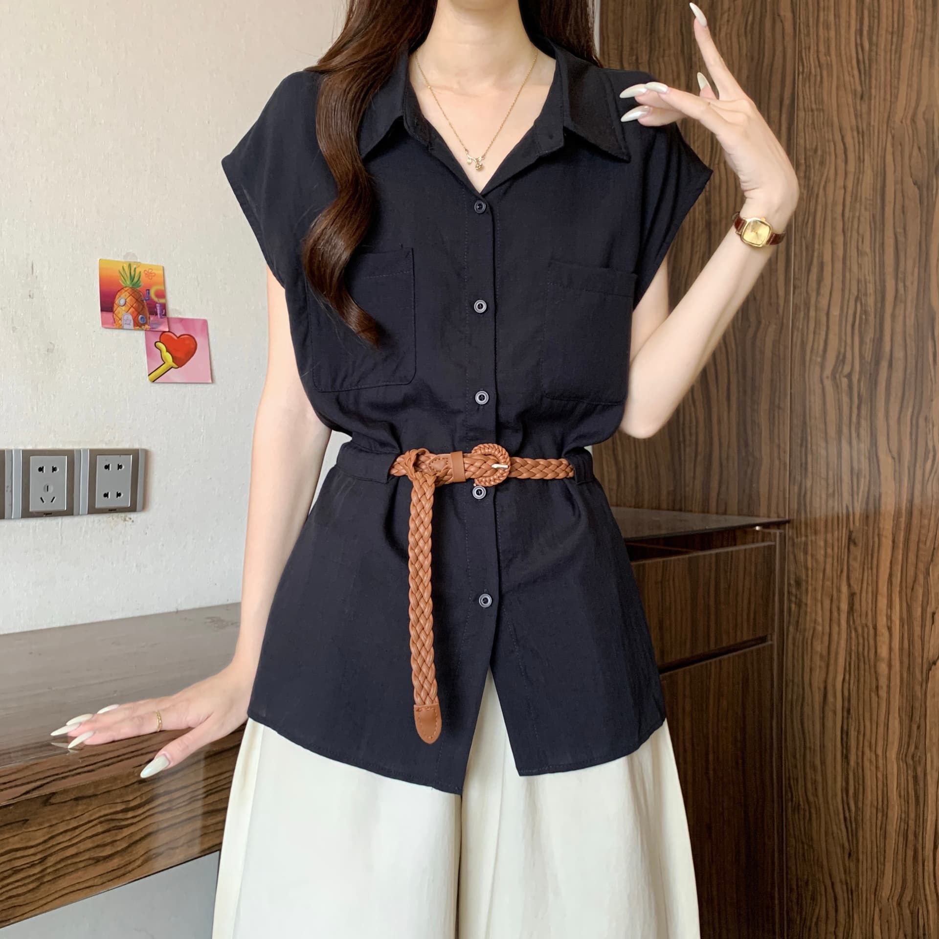 고급 센스 POLO 칼라 긍정적 인 어깨 반팔 여성 셔츠 여름 새로운 지방 mm 품격 벨트 슬림해 보이는 연령 감소 Chic 맨위 이미지 6