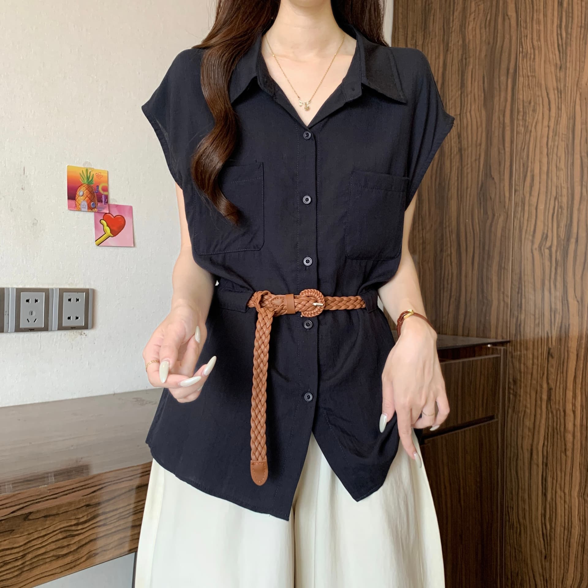 고급 센스 POLO 칼라 긍정적 인 어깨 반팔 여성 셔츠 여름 새로운 지방 mm 품격 벨트 슬림해 보이는 연령 감소 Chic 맨위 상세 이미지 5