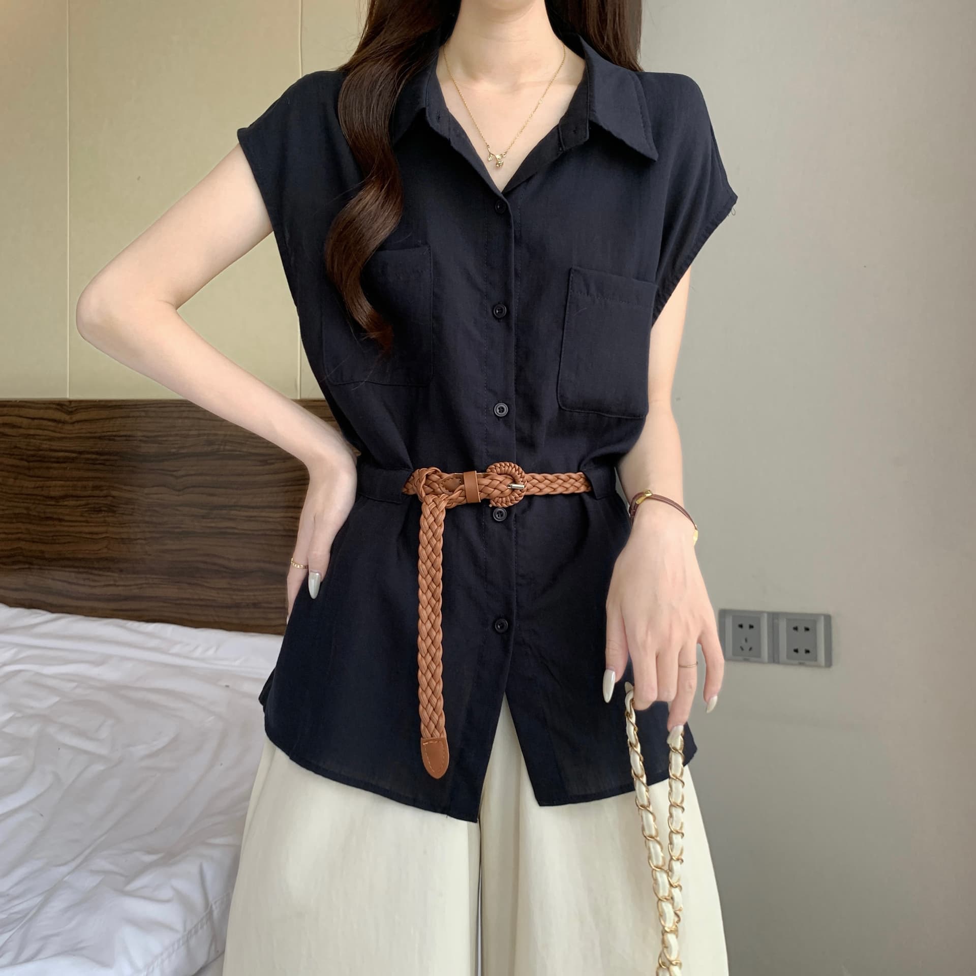 고급 센스 POLO 칼라 긍정적 인 어깨 반팔 여성 셔츠 여름 새로운 지방 mm 품격 벨트 슬림해 보이는 연령 감소 Chic 맨위 상세 이미지 8