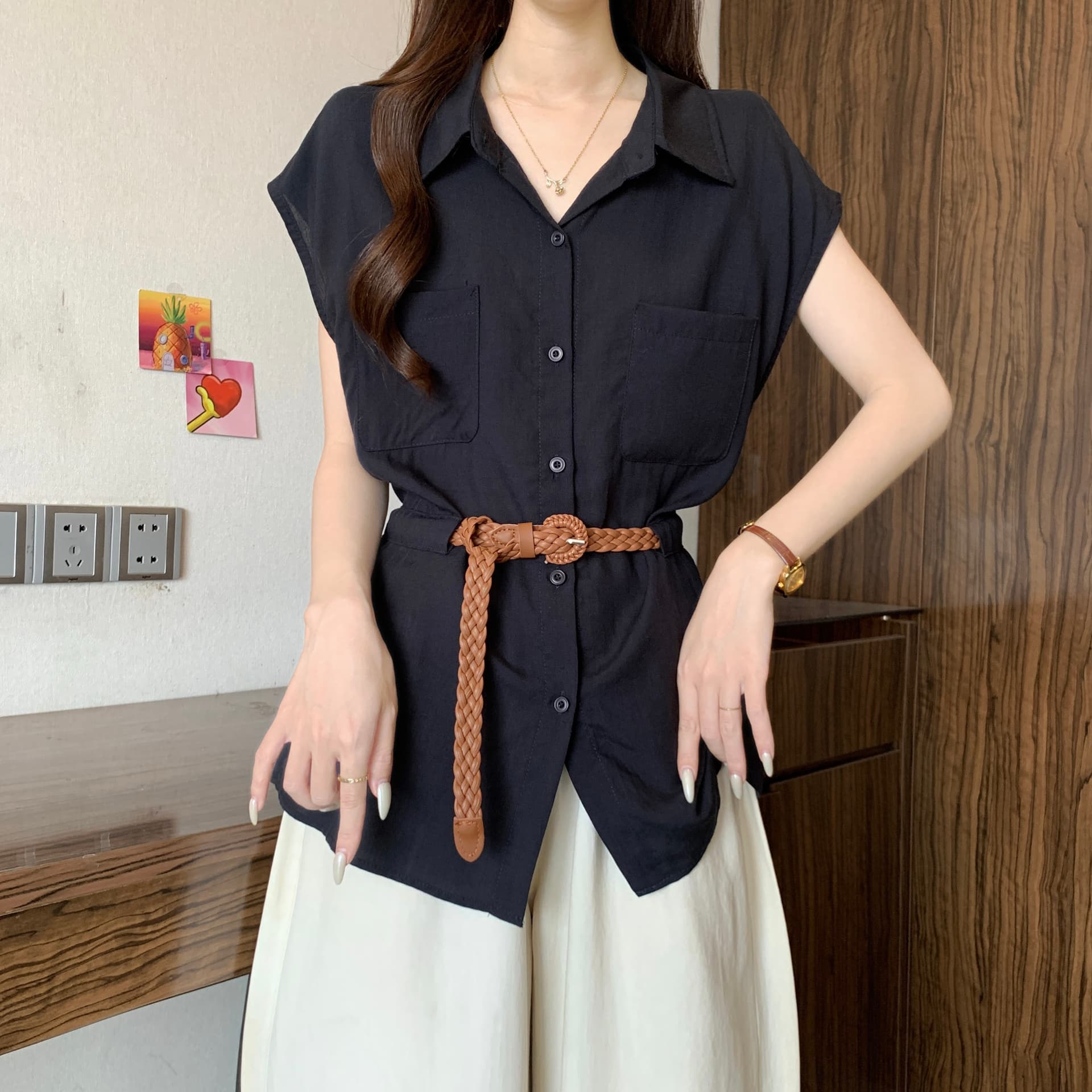 고급 센스 POLO 칼라 긍정적 인 어깨 반팔 여성 셔츠 여름 새로운 지방 mm 품격 벨트 슬림해 보이는 연령 감소 Chic 맨위 상세 이미지 9