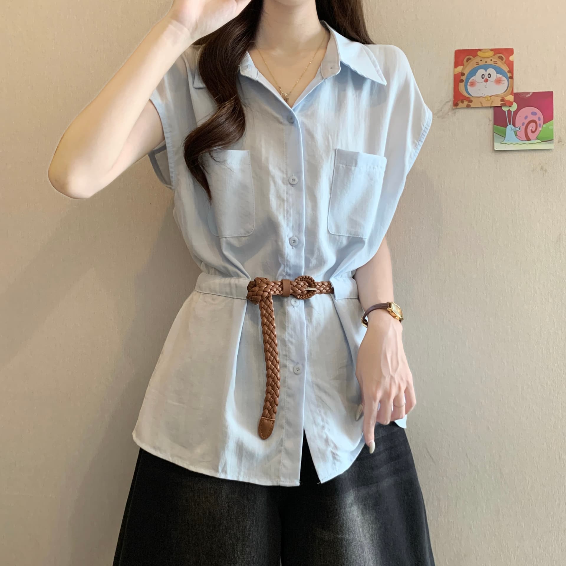 고급 센스 POLO 칼라 긍정적 인 어깨 반팔 여성 셔츠 여름 새로운 지방 mm 품격 벨트 슬림해 보이는 연령 감소 Chic 맨위 상세 이미지 10