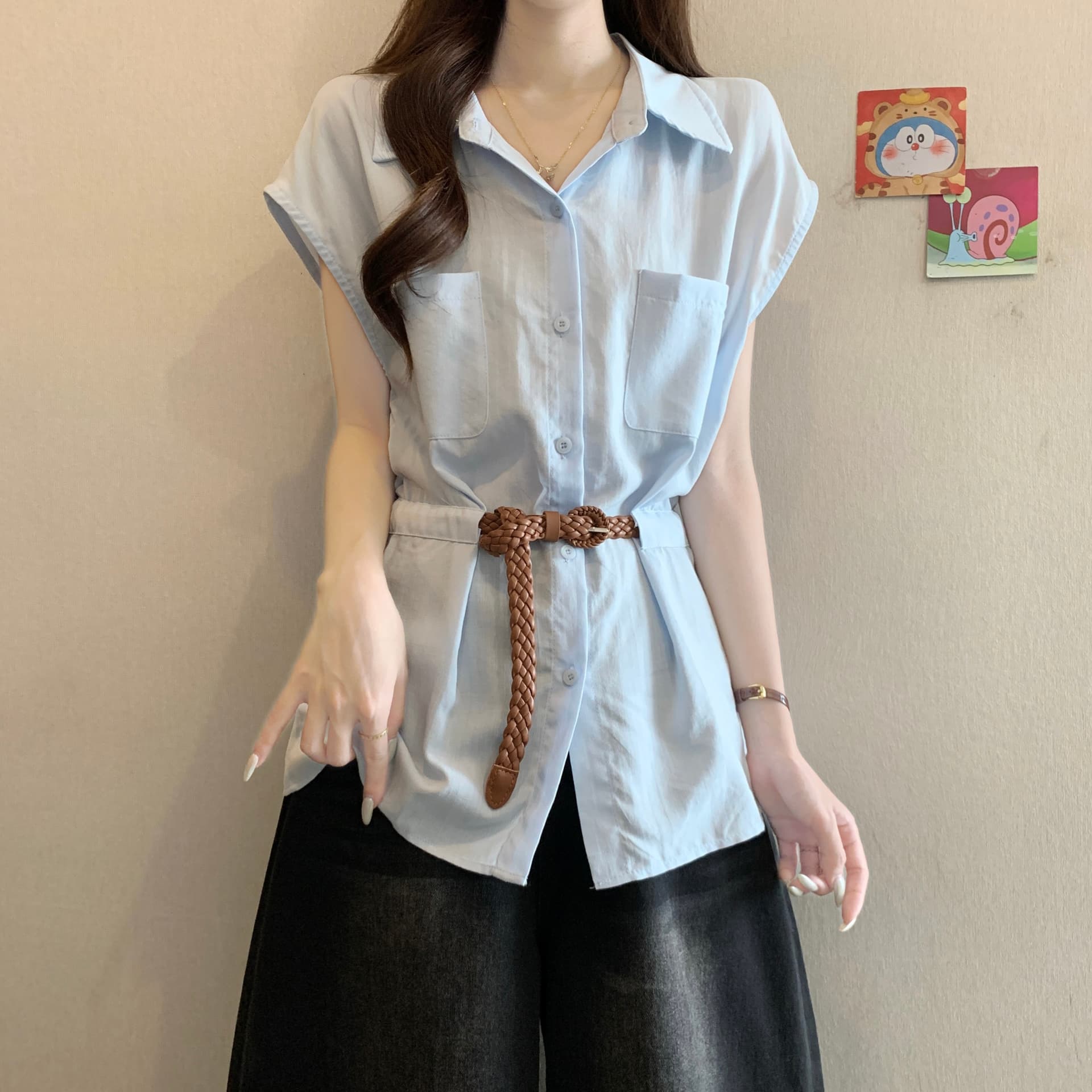 고급 센스 POLO 칼라 긍정적 인 어깨 반팔 여성 셔츠 여름 새로운 지방 mm 품격 벨트 슬림해 보이는 연령 감소 Chic 맨위 상세 이미지 12