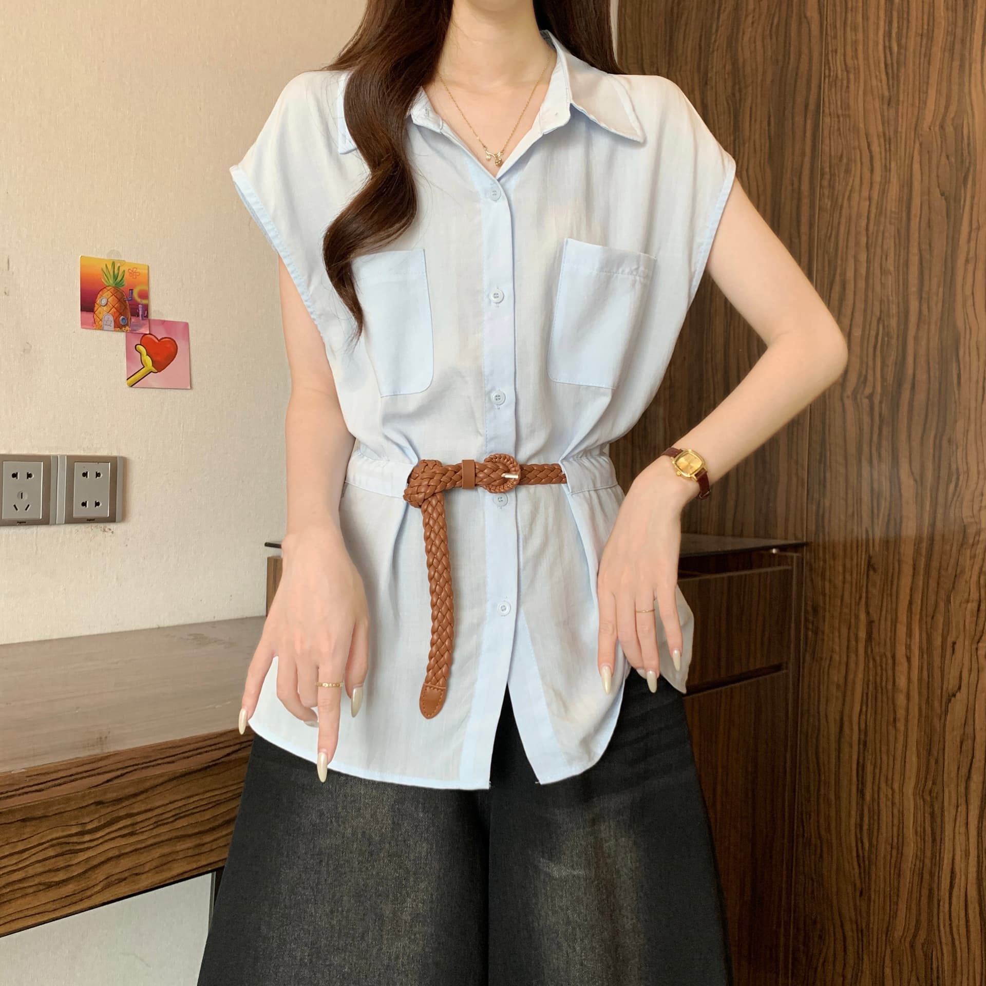 고급 센스 POLO 칼라 긍정적 인 어깨 반팔 여성 셔츠 여름 새로운 지방 mm 품격 벨트 슬림해 보이는 연령 감소 Chic 맨위 상세 이미지 13