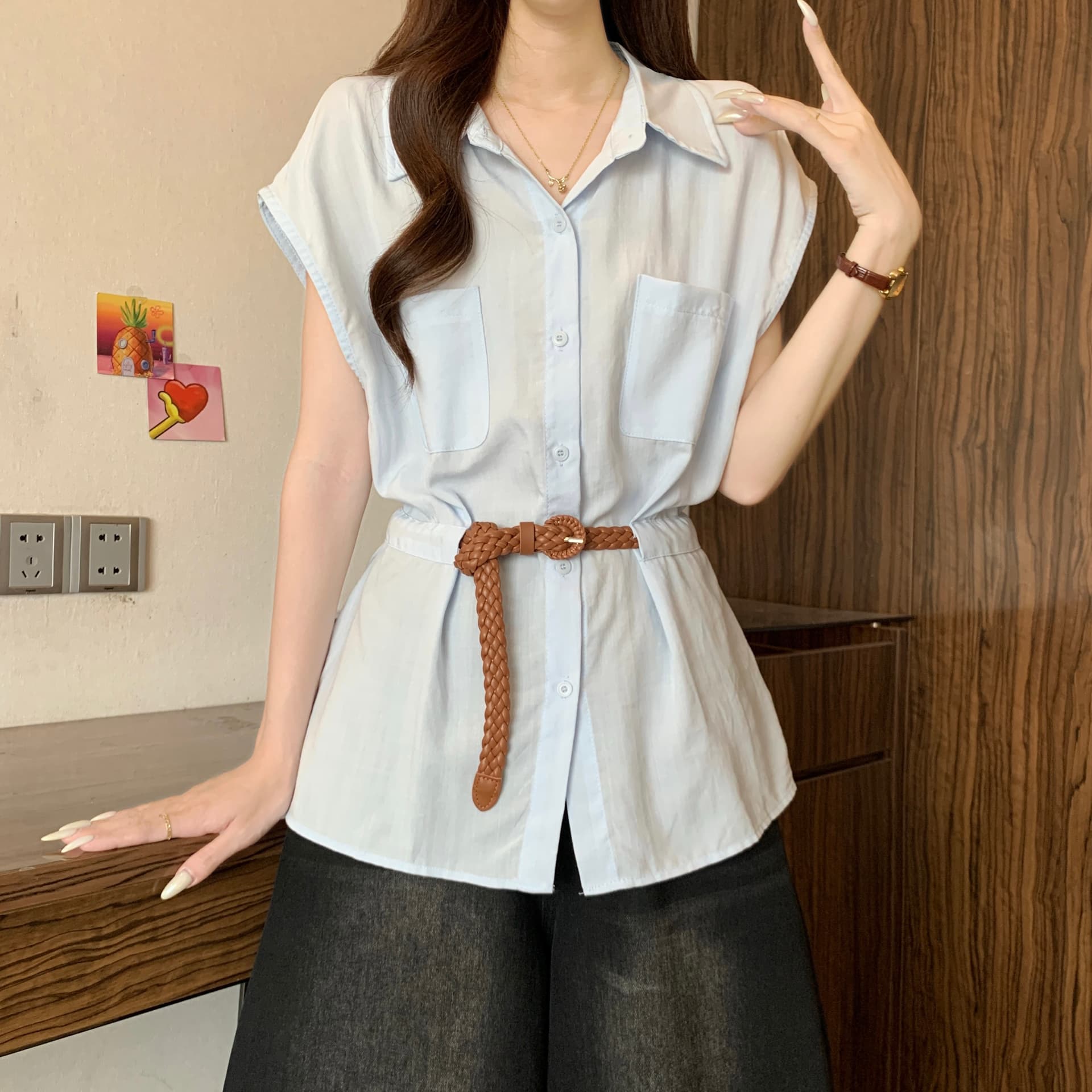 고급 센스 POLO 칼라 긍정적 인 어깨 반팔 여성 셔츠 여름 새로운 지방 mm 품격 벨트 슬림해 보이는 연령 감소 Chic 맨위 상세 이미지 14