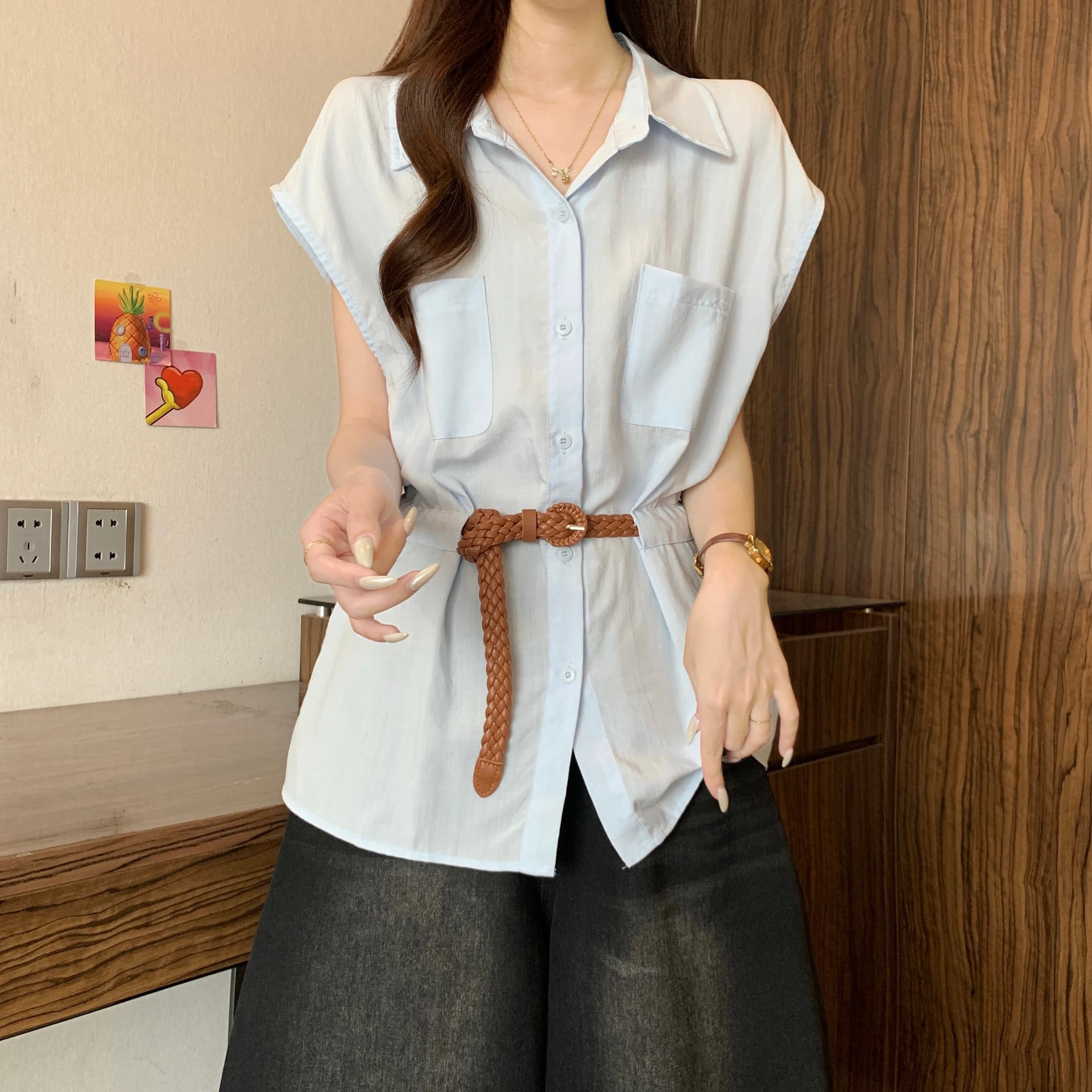 고급 센스 POLO 칼라 긍정적 인 어깨 반팔 여성 셔츠 여름 새로운 지방 mm 품격 벨트 슬림해 보이는 연령 감소 Chic 맨위 상세 이미지 15