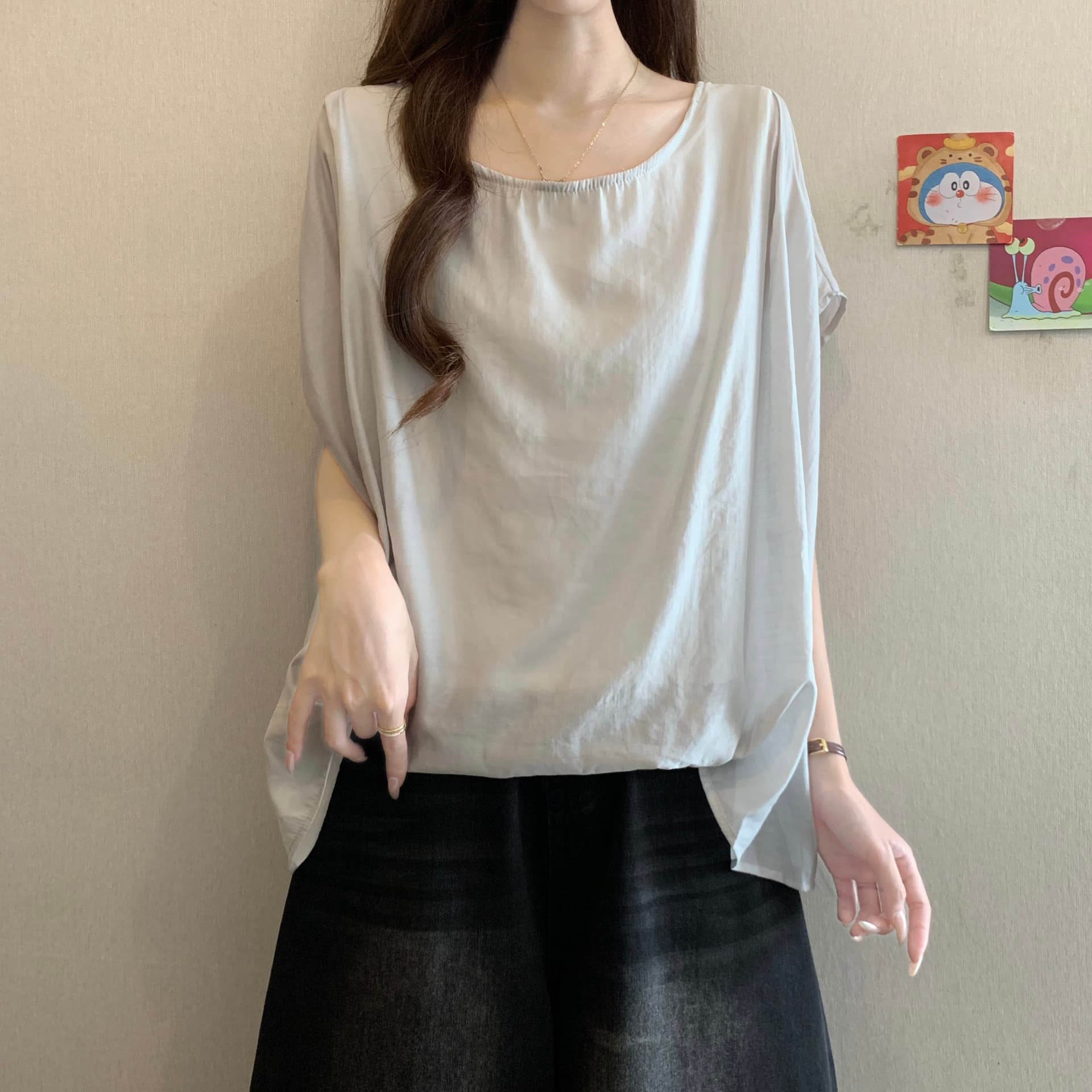 고급 센스 불규칙 언더 바르게 되다 어깨 반팔 여성 셔츠 여름 새로운 지방 mm 루즈핏 표지 배 아름다운 고유 한 맨위 이미지 5