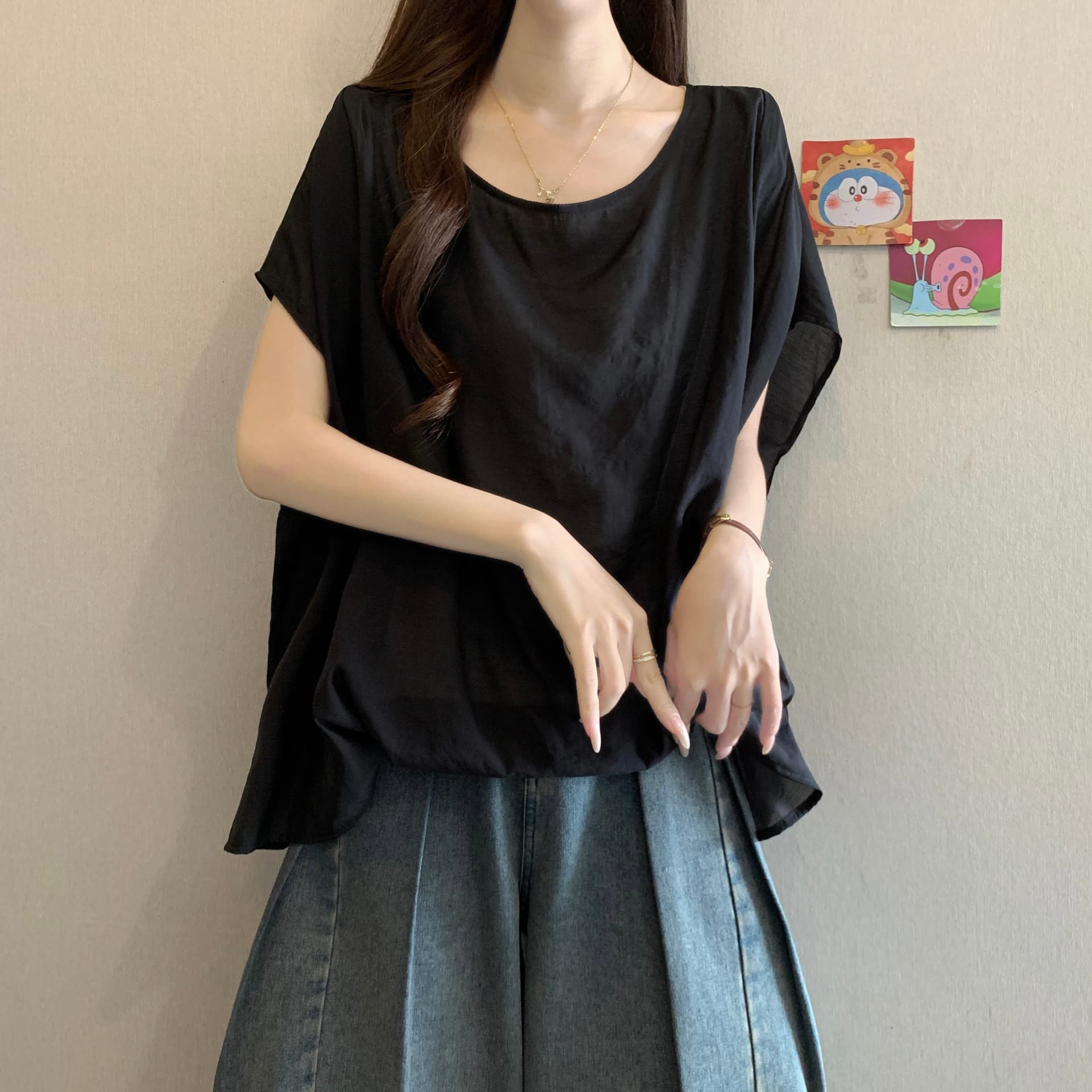 고급 센스 불규칙 언더 바르게 되다 어깨 반팔 여성 셔츠 여름 새로운 지방 mm 루즈핏 표지 배 아름다운 고유 한 맨위 상세 이미지 5