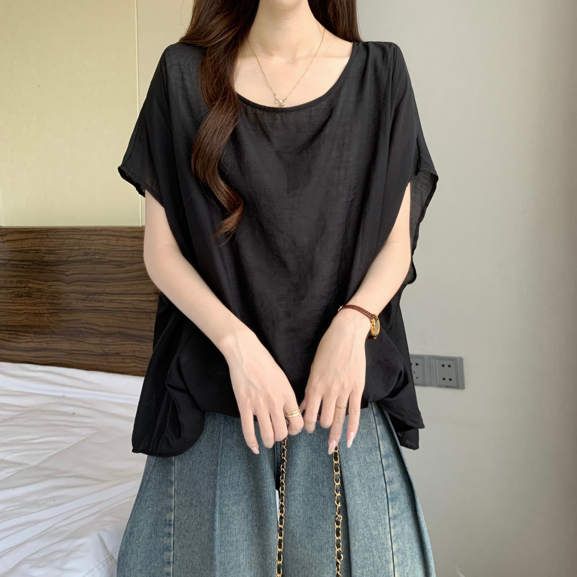 고급 센스 불규칙 언더 바르게 되다 어깨 반팔 여성 셔츠 여름 새로운 지방 mm 루즈핏 표지 배 아름다운 고유 한 맨위 상세 이미지 8