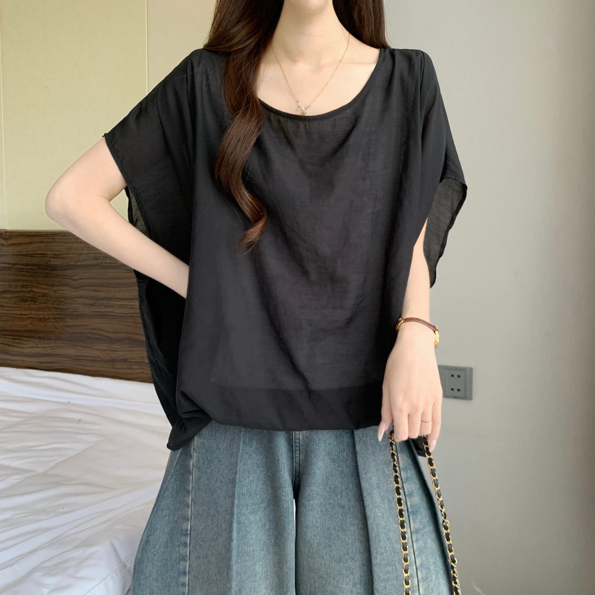 고급 센스 불규칙 언더 바르게 되다 어깨 반팔 여성 셔츠 여름 새로운 지방 mm 루즈핏 표지 배 아름다운 고유 한 맨위 상세 이미지 9
