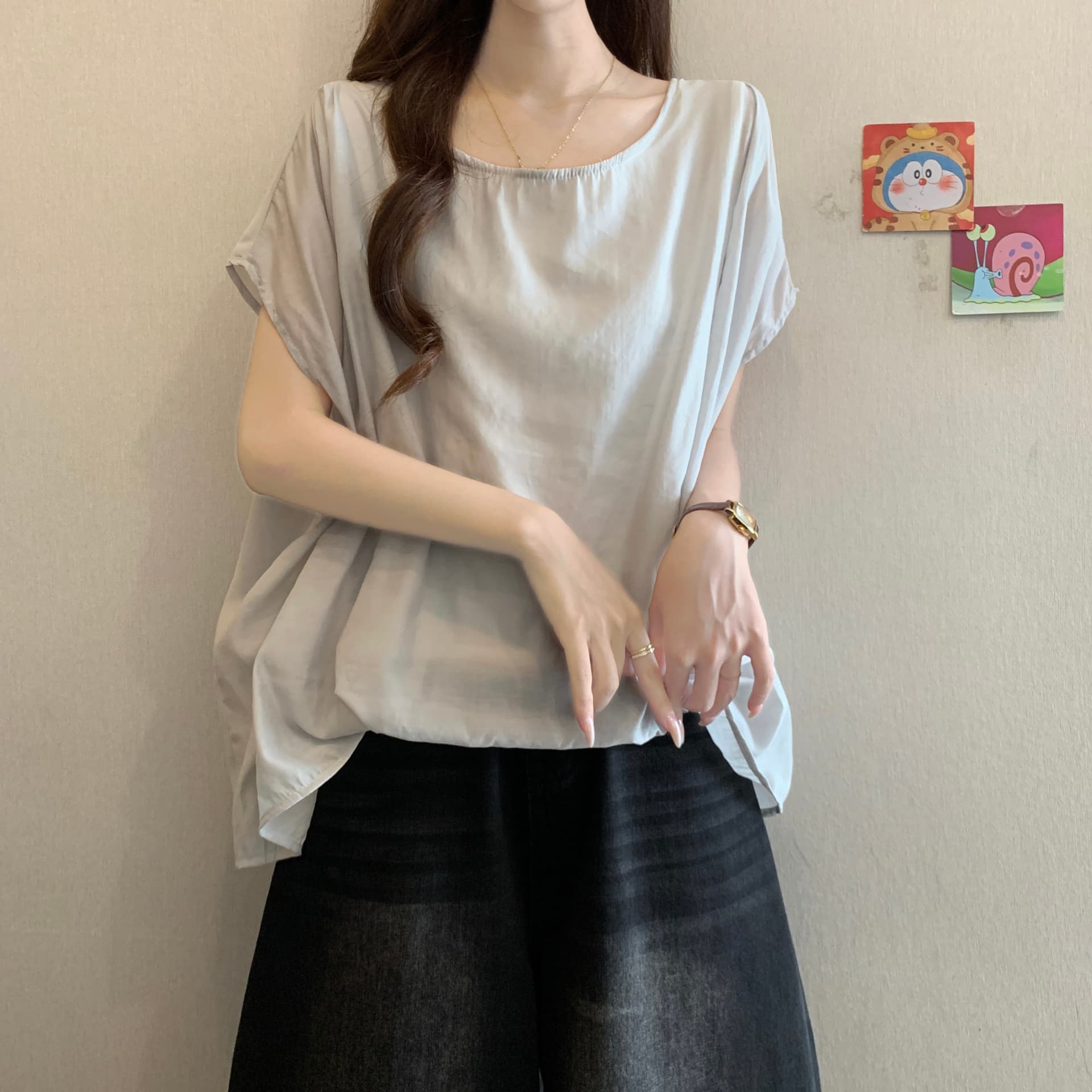 고급 센스 불규칙 언더 바르게 되다 어깨 반팔 여성 셔츠 여름 새로운 지방 mm 루즈핏 표지 배 아름다운 고유 한 맨위 상세 이미지 15