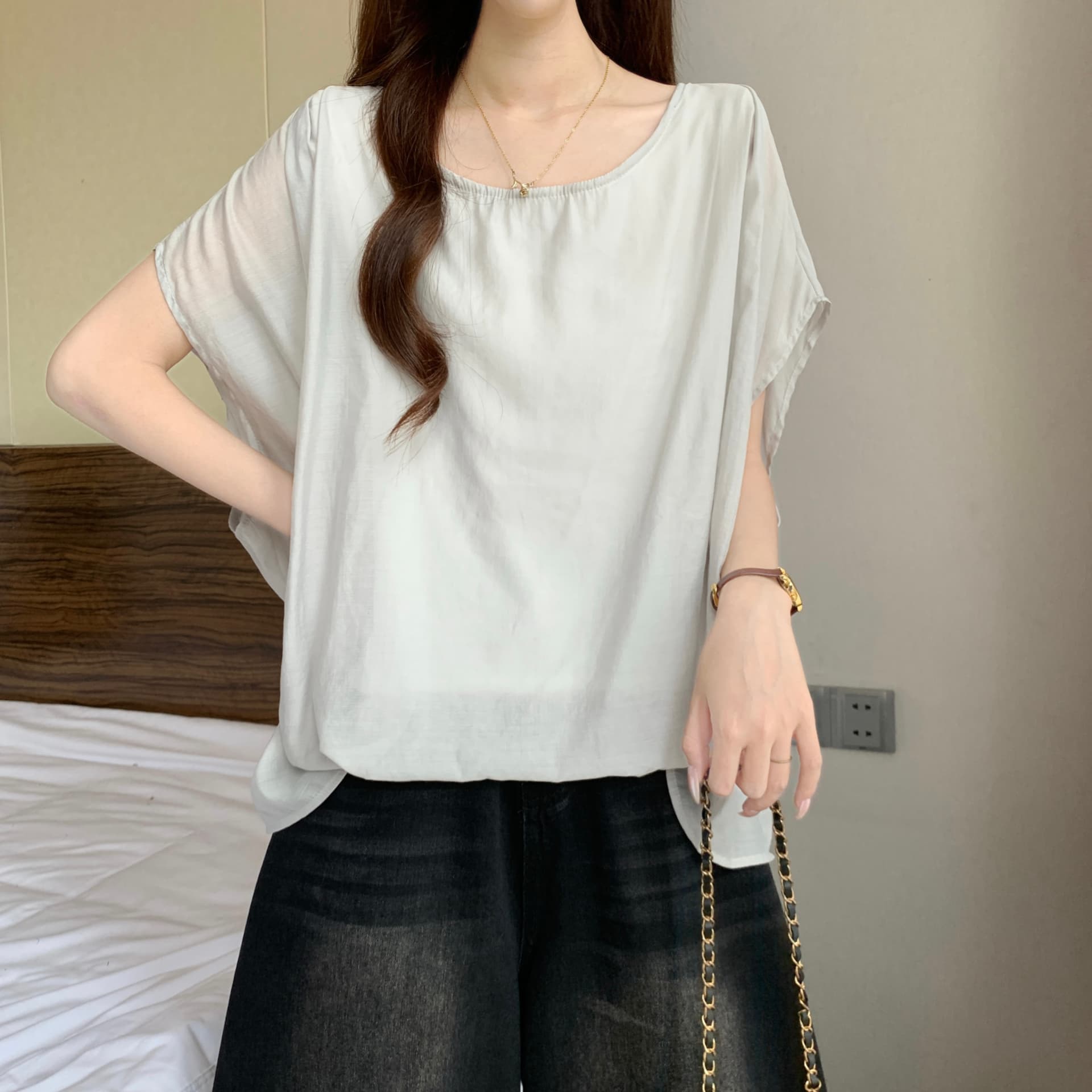 고급 센스 불규칙 언더 바르게 되다 어깨 반팔 여성 셔츠 여름 새로운 지방 mm 루즈핏 표지 배 아름다운 고유 한 맨위 상세 이미지 18
