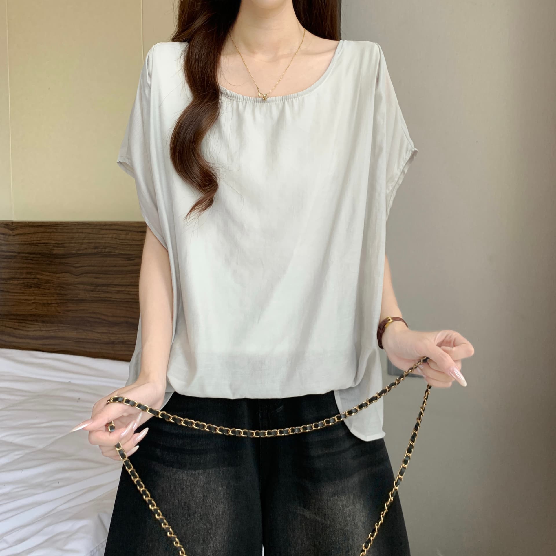 고급 센스 불규칙 언더 바르게 되다 어깨 반팔 여성 셔츠 여름 새로운 지방 mm 루즈핏 표지 배 아름다운 고유 한 맨위 상세 이미지 19