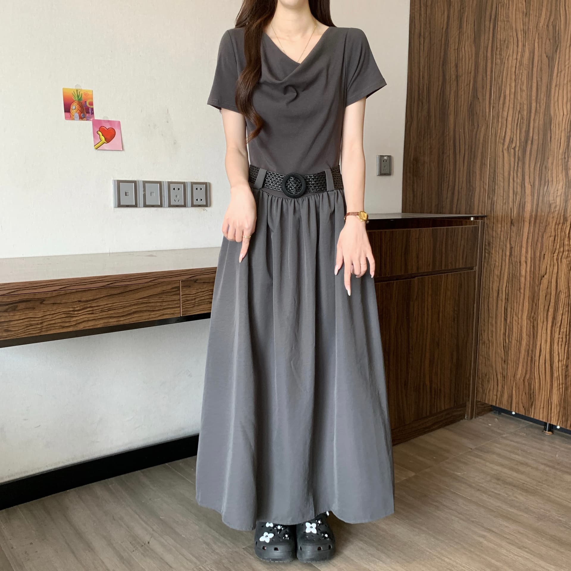 고급 센스 품격 흔들다 칼라 꼬집기 허리 긍정적 인 어깨 반팔 여성 드레스 여름 새로운 지방 mm 몸매 가꾸기 슬림해 보이는 한 마디 롱 스커트 상세 이미지 3