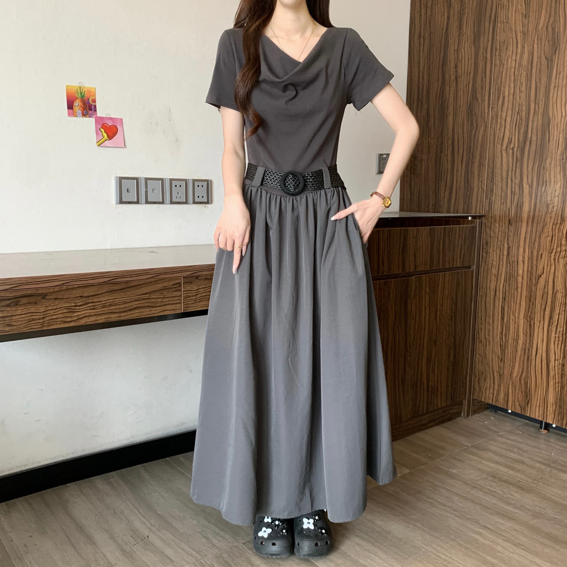 고급 센스 품격 흔들다 칼라 꼬집기 허리 긍정적 인 어깨 반팔 여성 드레스 여름 새로운 지방 mm 몸매 가꾸기 슬림해 보이는 한 마디 롱 스커트 상세 이미지 4