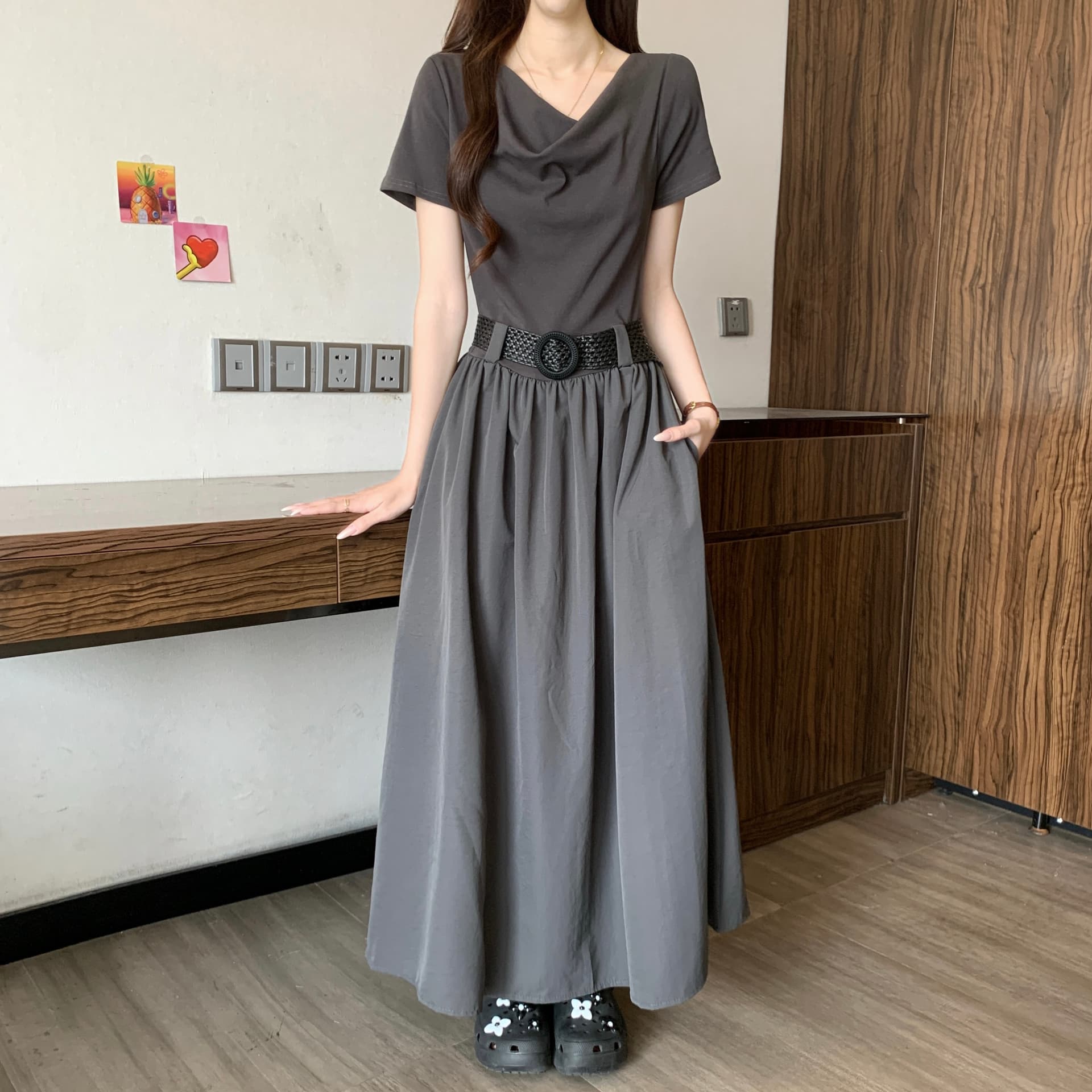 고급 센스 품격 흔들다 칼라 꼬집기 허리 긍정적 인 어깨 반팔 여성 드레스 여름 새로운 지방 mm 몸매 가꾸기 슬림해 보이는 한 마디 롱 스커트 상세 이미지 5