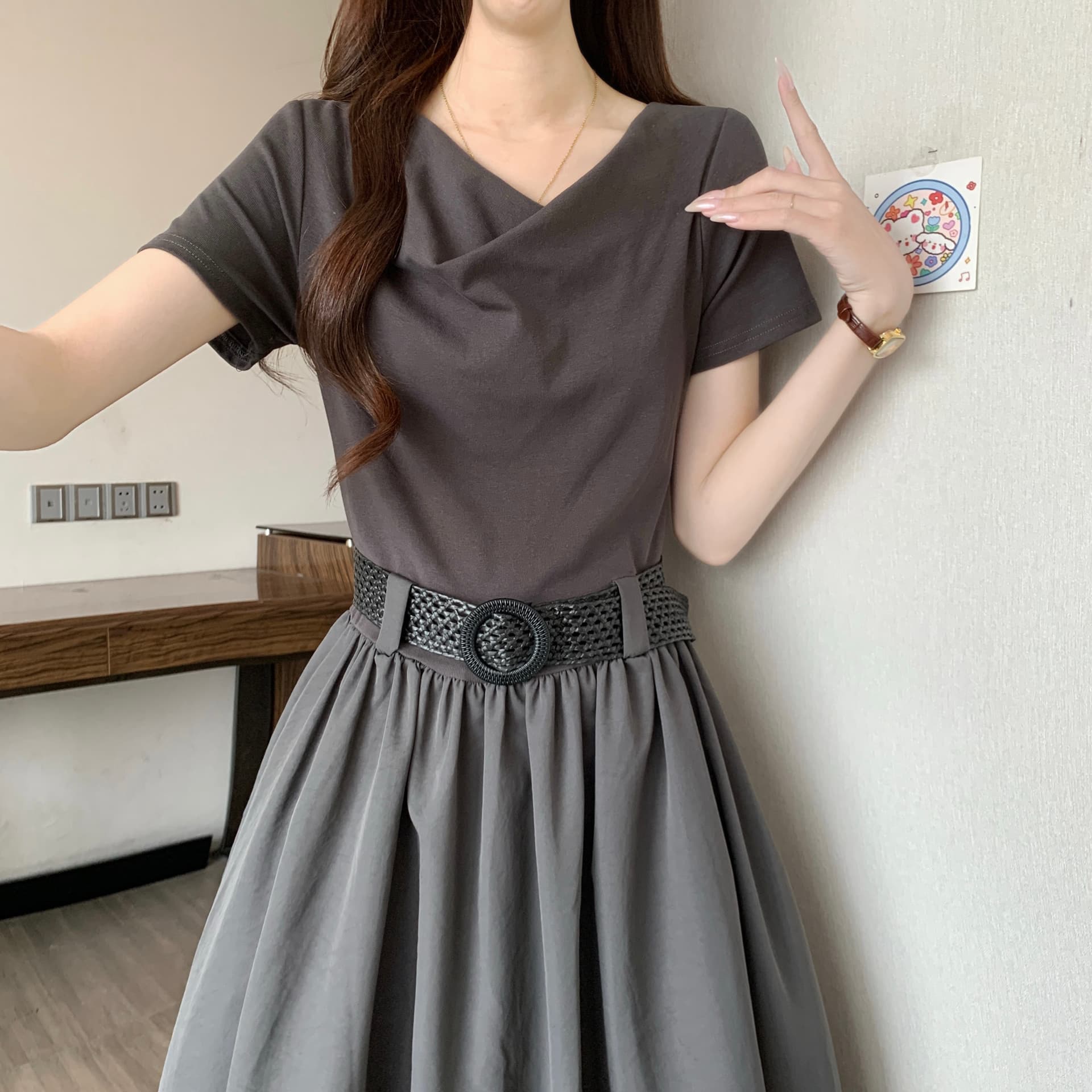 고급 센스 품격 흔들다 칼라 꼬집기 허리 긍정적 인 어깨 반팔 여성 드레스 여름 새로운 지방 mm 몸매 가꾸기 슬림해 보이는 한 마디 롱 스커트 상세 이미지 9