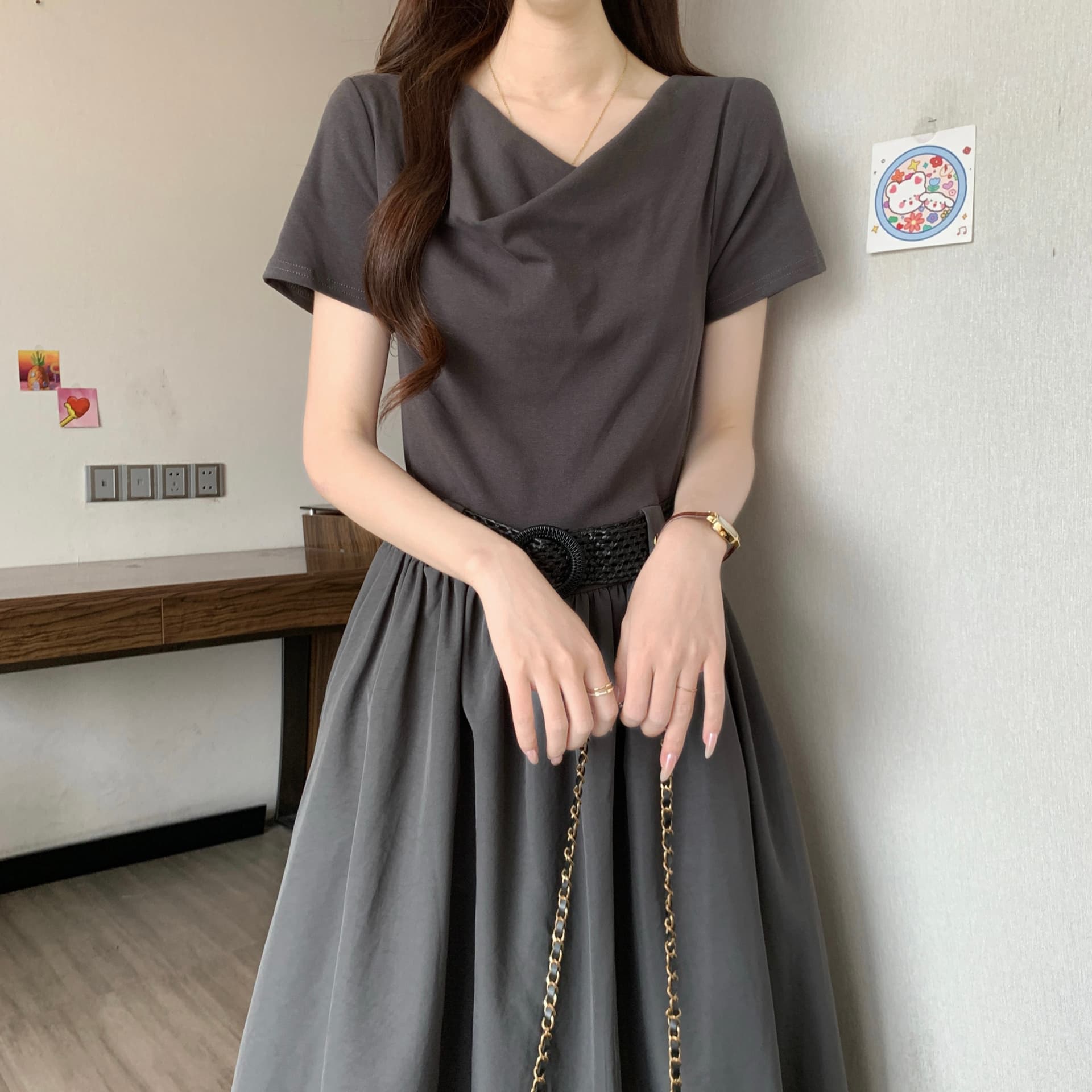 고급 센스 품격 흔들다 칼라 꼬집기 허리 긍정적 인 어깨 반팔 여성 드레스 여름 새로운 지방 mm 몸매 가꾸기 슬림해 보이는 한 마디 롱 스커트 상세 이미지 10