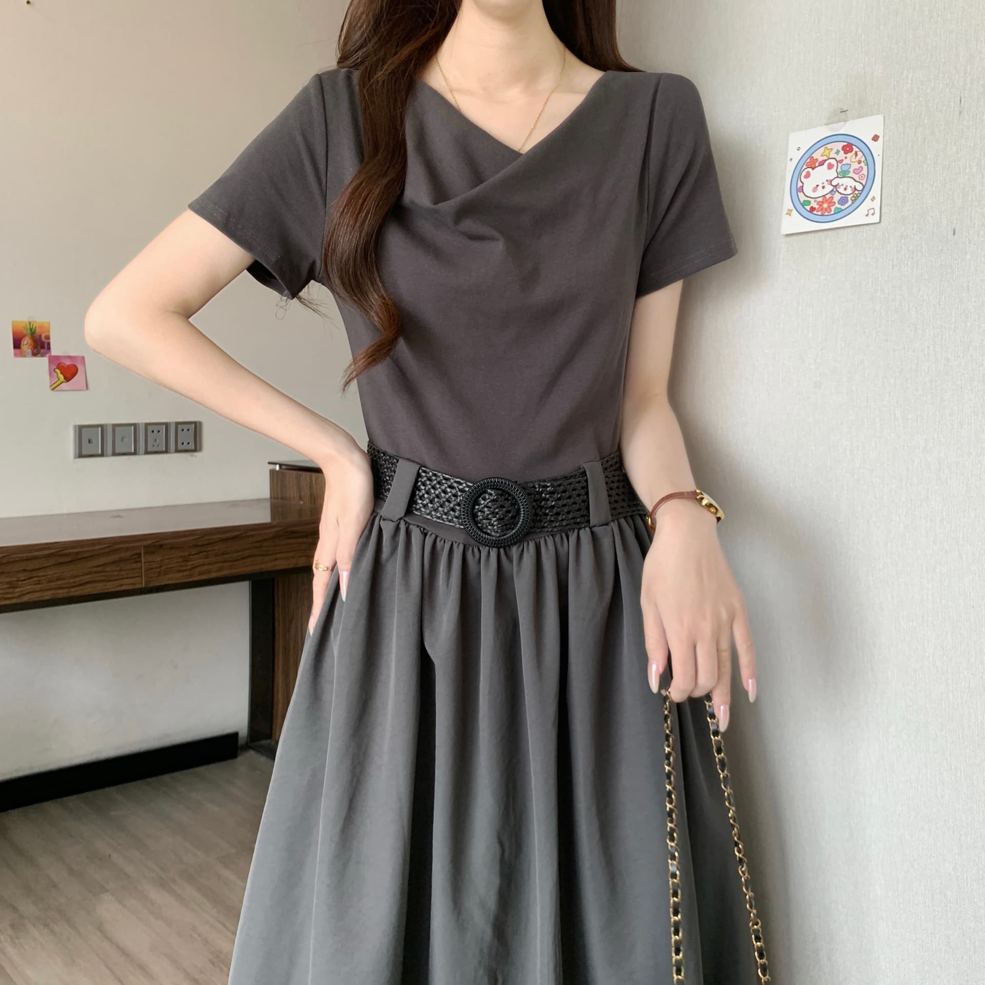 고급 센스 품격 흔들다 칼라 꼬집기 허리 긍정적 인 어깨 반팔 여성 드레스 여름 새로운 지방 mm 몸매 가꾸기 슬림해 보이는 한 마디 롱 스커트 상세 이미지 11