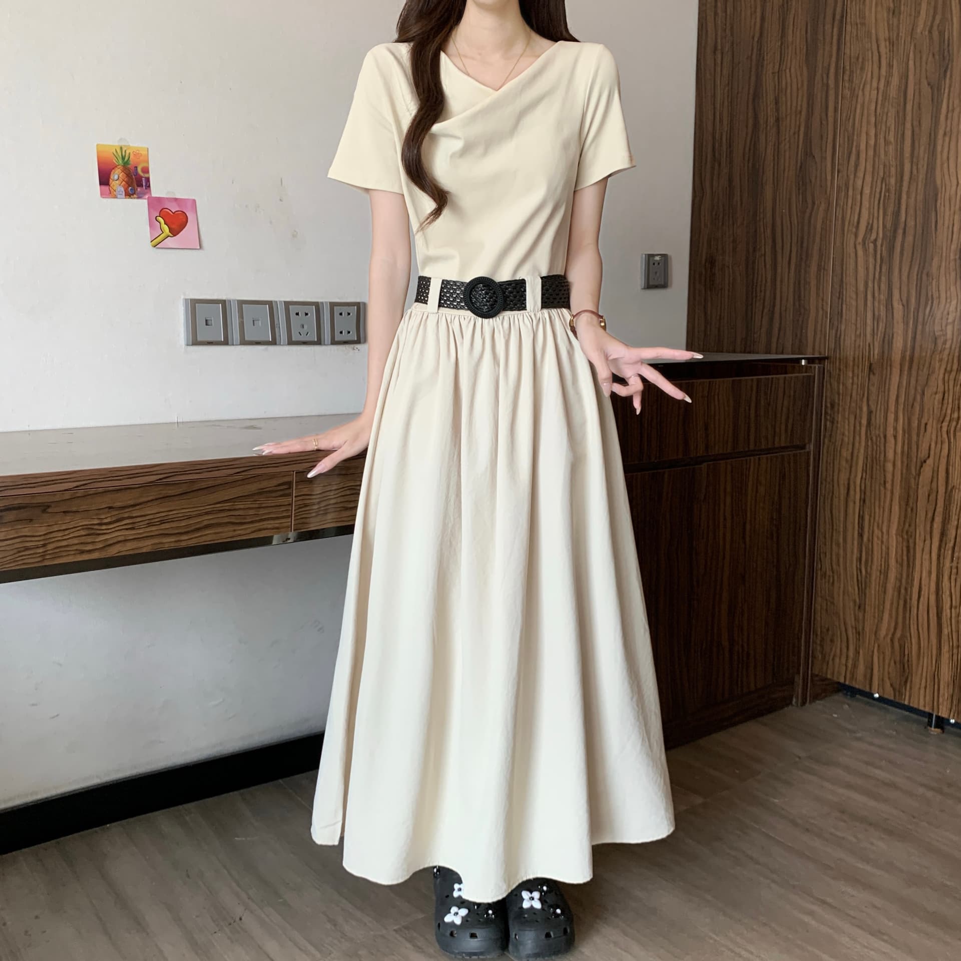 고급 센스 품격 흔들다 칼라 꼬집기 허리 긍정적 인 어깨 반팔 여성 드레스 여름 새로운 지방 mm 몸매 가꾸기 슬림해 보이는 한 마디 롱 스커트 상세 이미지 12